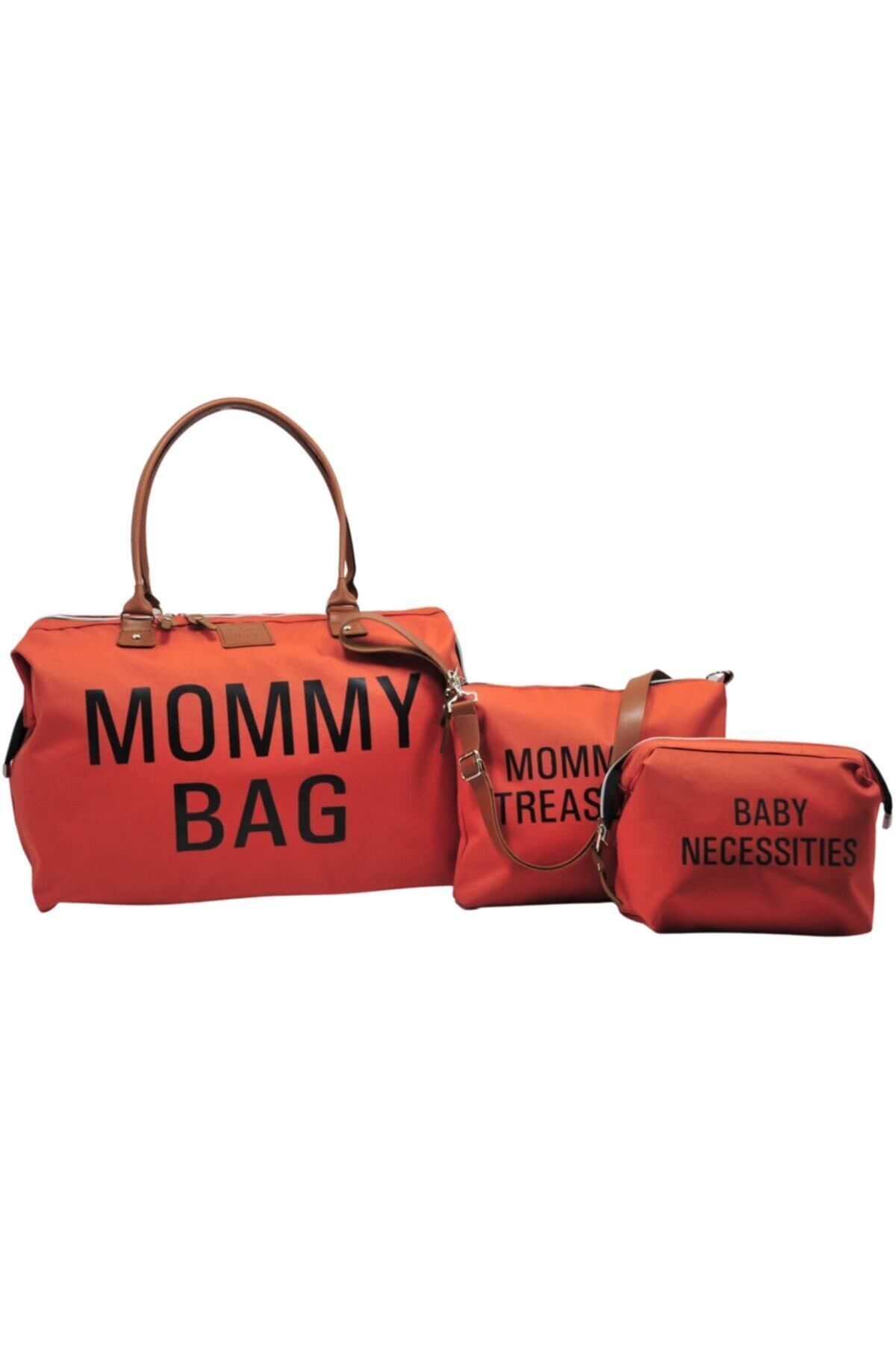 Babysi Mommy Bag Tasarım 3 lü Set Kiremit Baby Anne Bebek Bakım ve Kadın Çantası
