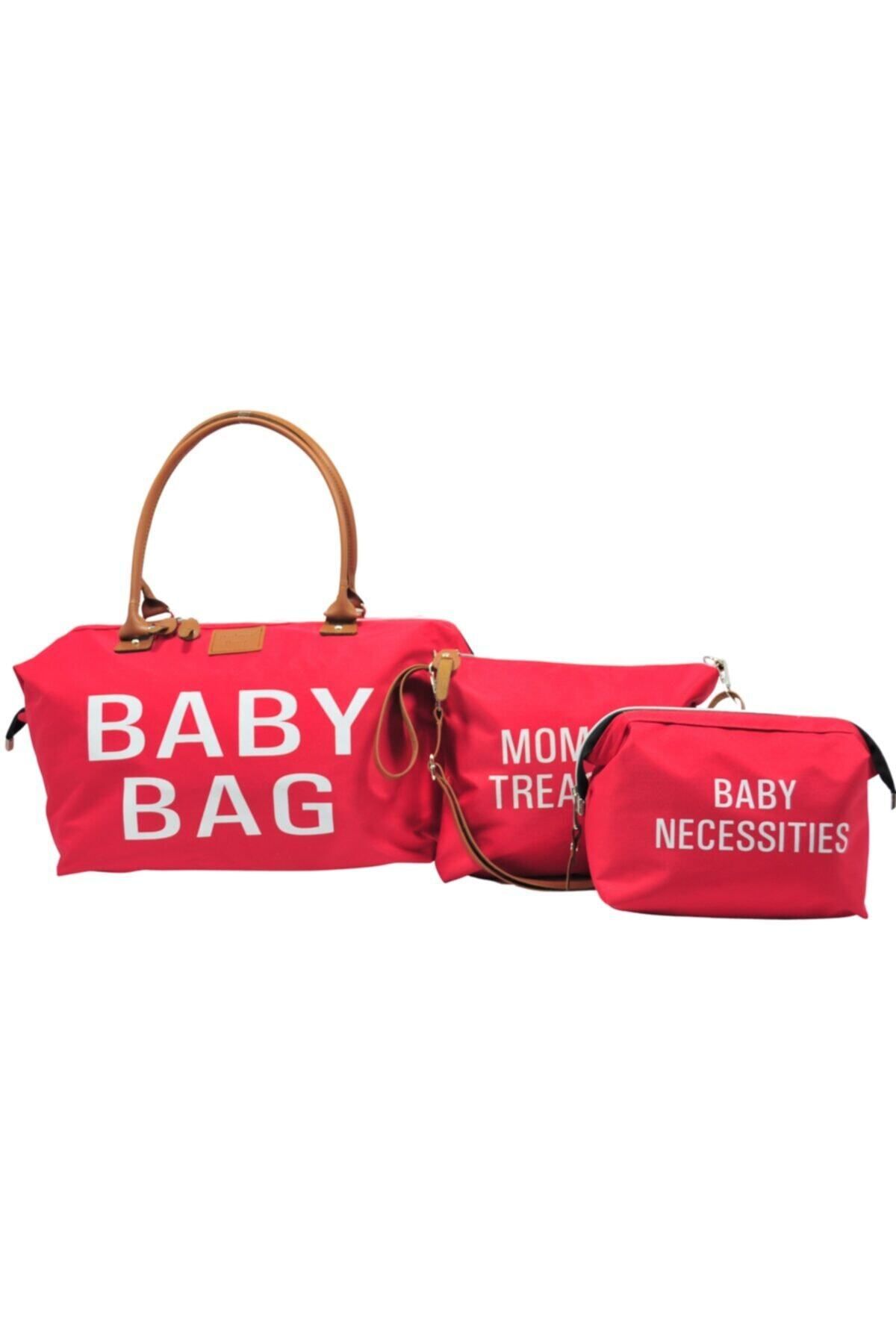 Babysi Baby Bag Tasarım 3 Lü Set Kırmızı Anne Bebek Bakım Ve Kadın Çantası