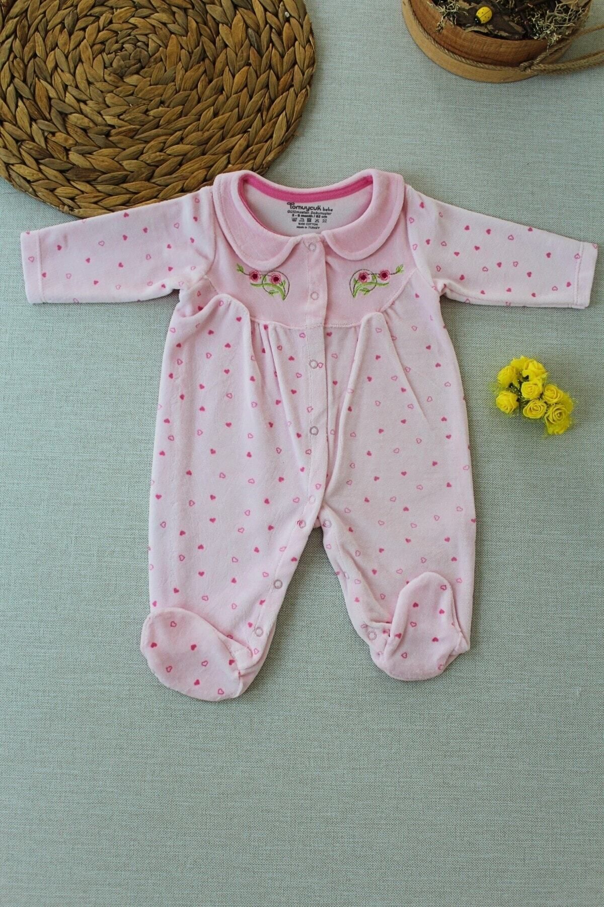 Tomuycuk Kız Bebek Kadife Tulum Pembe Çiçek Nakışlı Ayaklı Mevsimlik Hediyelik Bebek Giyim