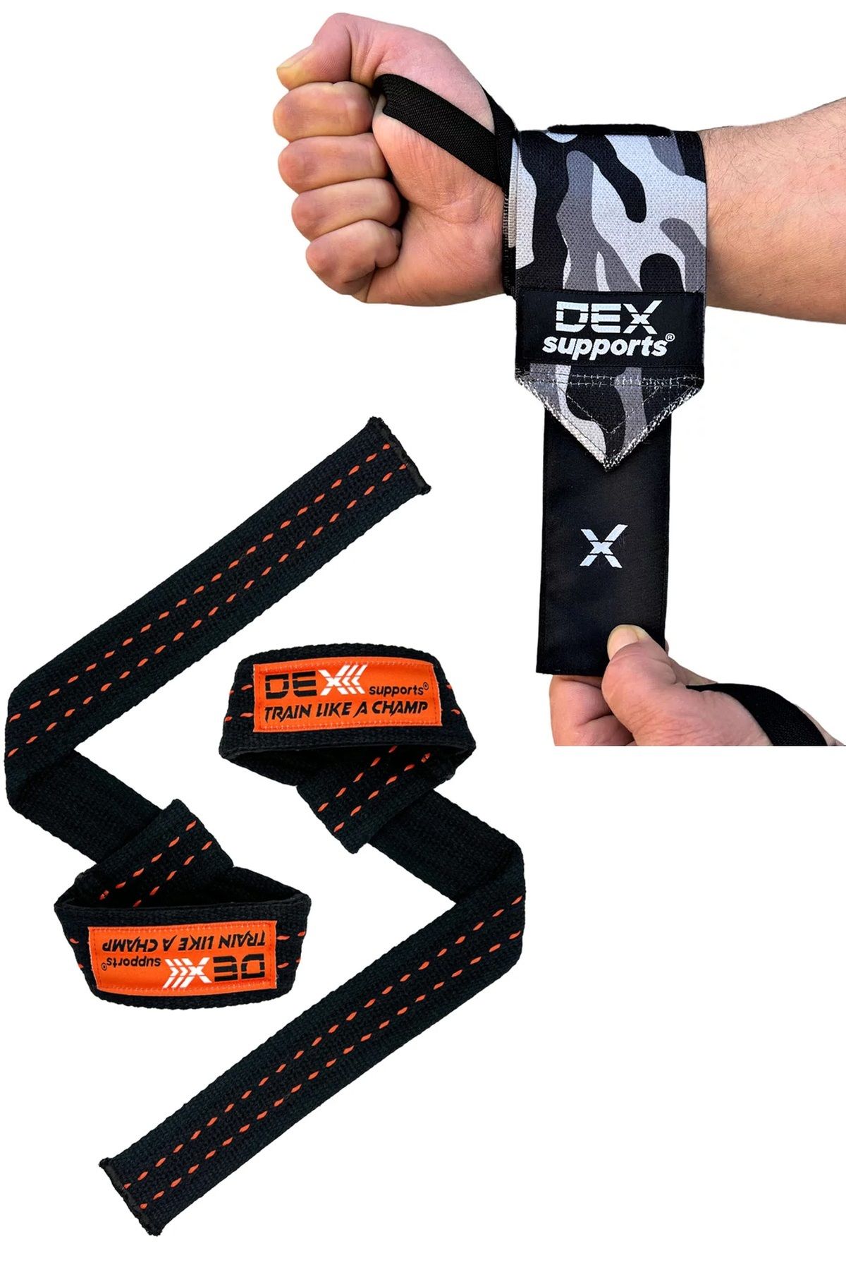 Dex Supports Lasting Energy Fitness Sporcu Bilekliği Dark Wrist Wraps+Ağırlık Kaldırma Kayışı Lifting Straps Pro 2'li Paket