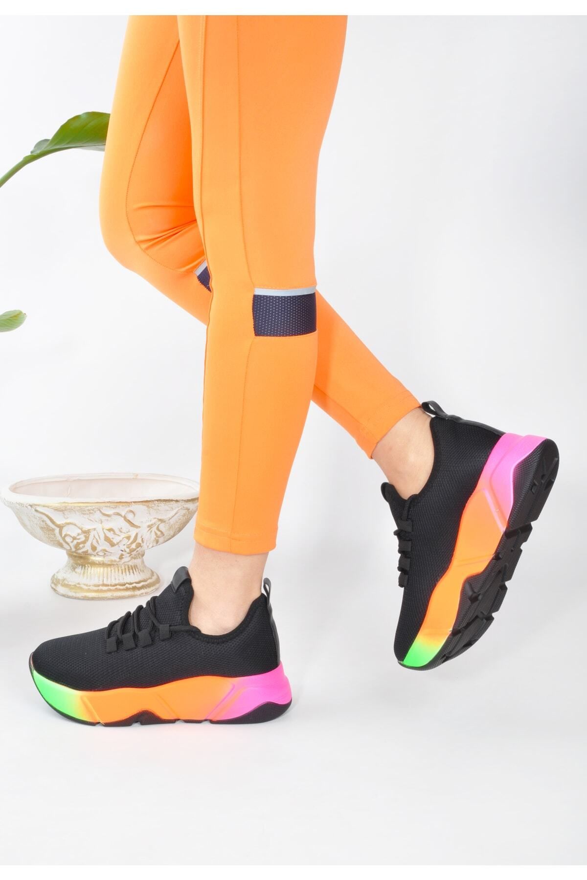 KOTAN Günlük Siyah-multi Kadın Sneaker Bağcıklı Triko Esnek Hafif Ve Kalın Tabanlı Yürüyüş Spor Ayakkabı