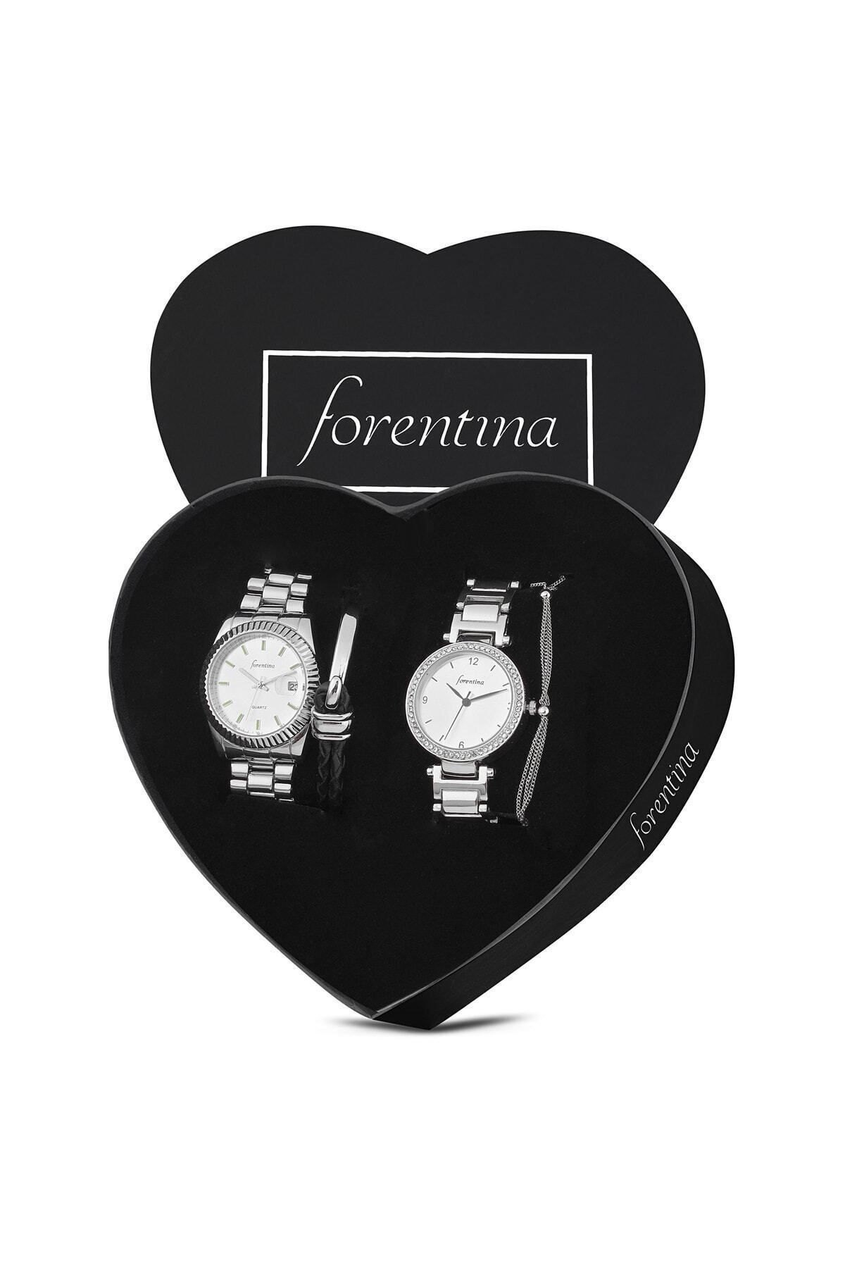 Forentina Çift Saatleri - Sevgili Kadın Erkek Metal Kol Saati Bileklik Kombin Sevgiliye Hediye