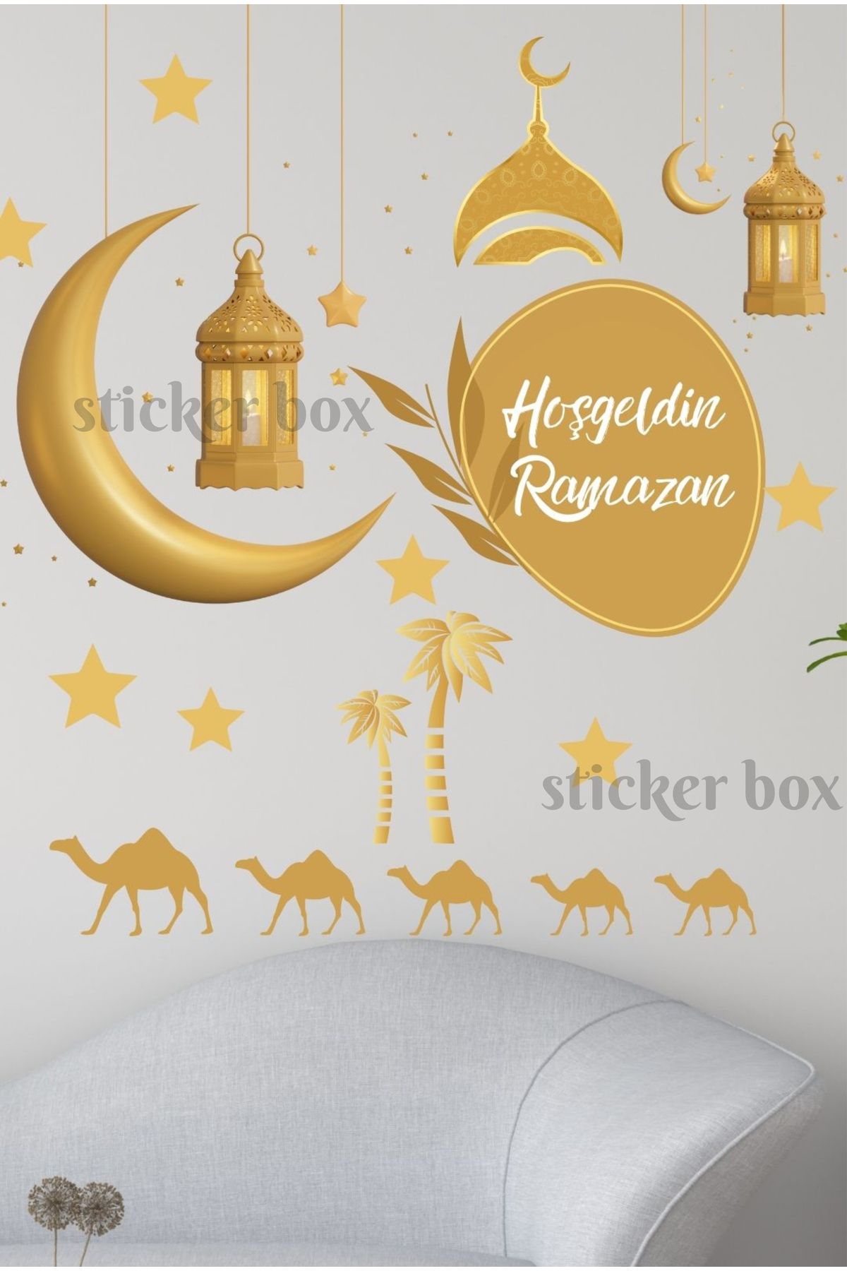 Think And Print Hoşgeldin Ramazan Gold Altın Detaylı Cam Duvar Sticker Seti, Ramazan Sarkıtları Yıldız Ve Ramazan
