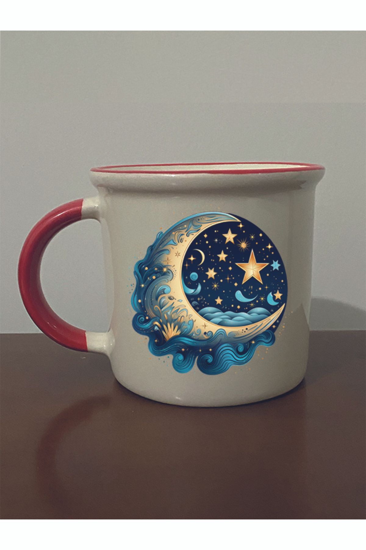 lili hediyelik Gece Ay Baskılı Kırmızı Ağızlı Kupa Bardak - Seramik Çay, Kahve Hediyelik Bardağı