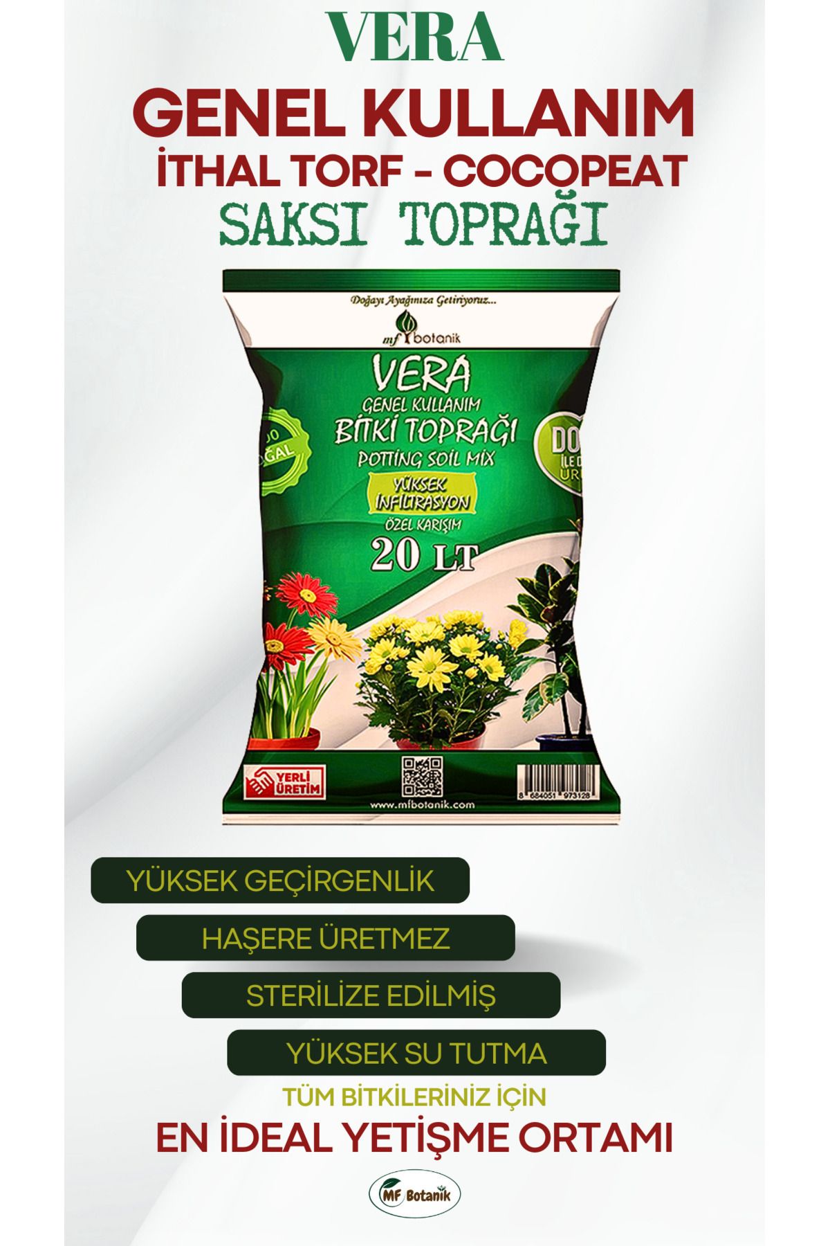 MF Botanik Vera Ithal Torf Cocopeat Özel Karışım Saksı Harcı Bitki Toprağı 20 Litre