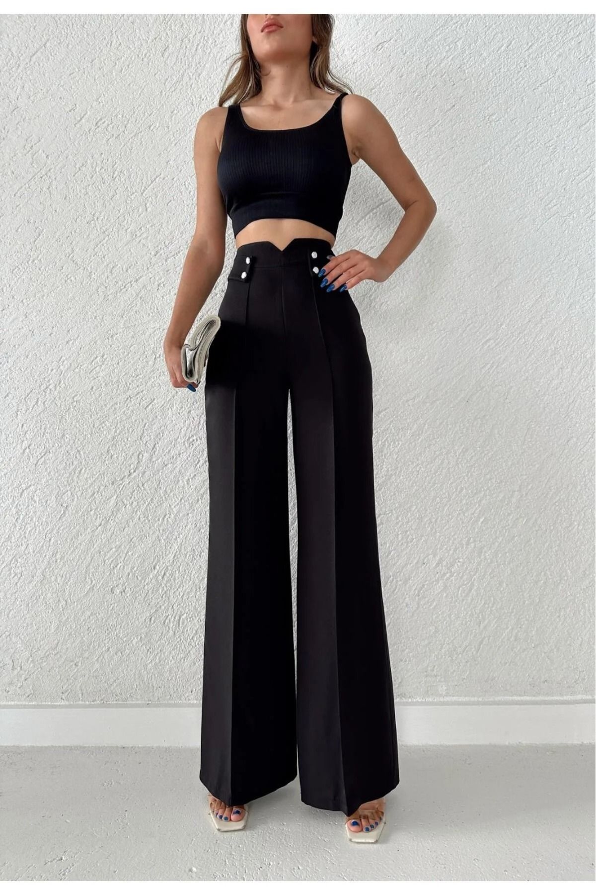 H&A İSTANBUL Kadın Yüksek Bel Palazzo Düğmeli Detay Slim Fit Kalip Pantolon