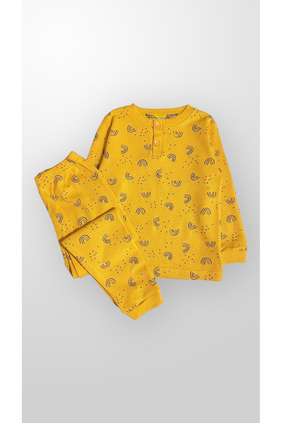 elmas kids Kız Çocuk Sarı Hardal Renk Uzun Kollu %100 Pamuklu Waffle Kumaş Yüksek Kaliteli Pijama Takımı