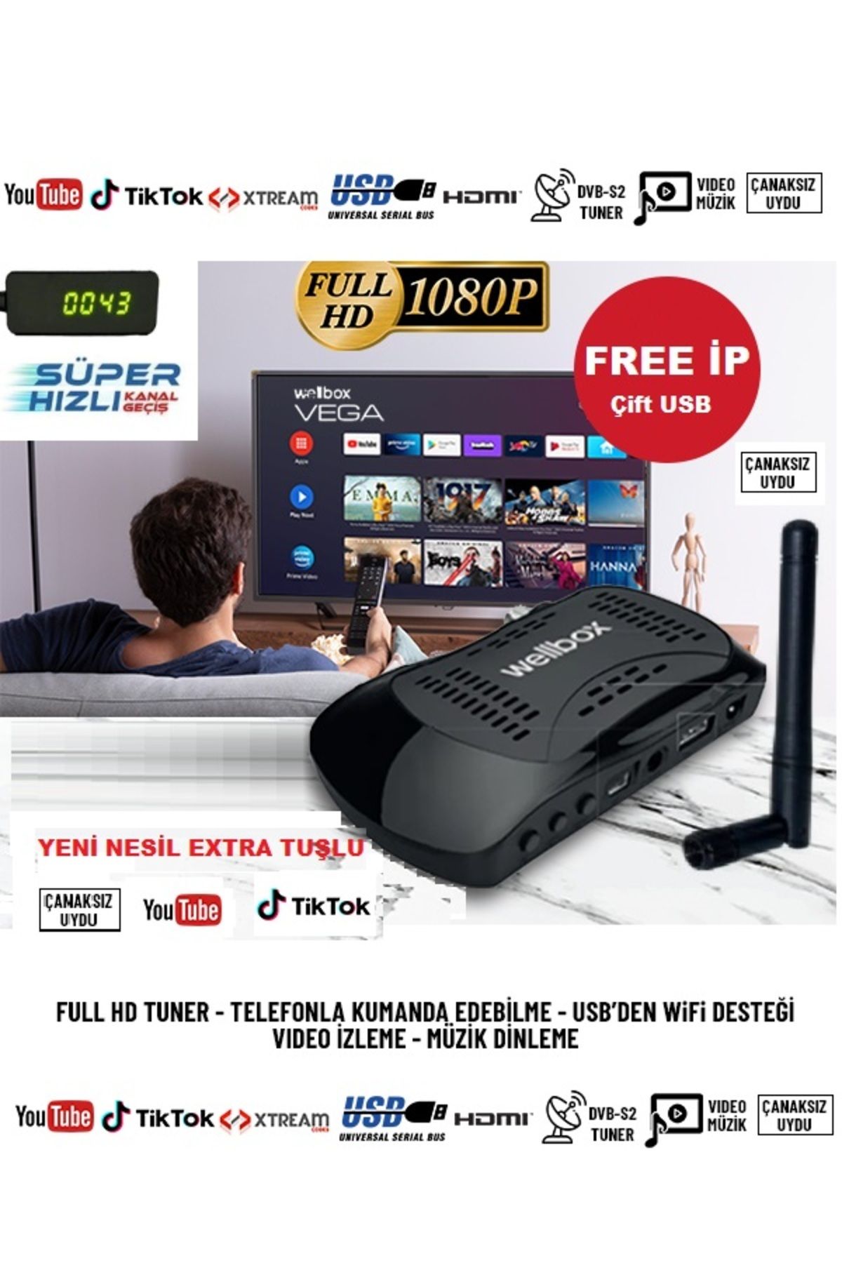 wellbox Çanaklı Çanaksız Wifi Anten Dahil Full HD Free İP Yeni Nesil Extra Tuşlu Uyumlu