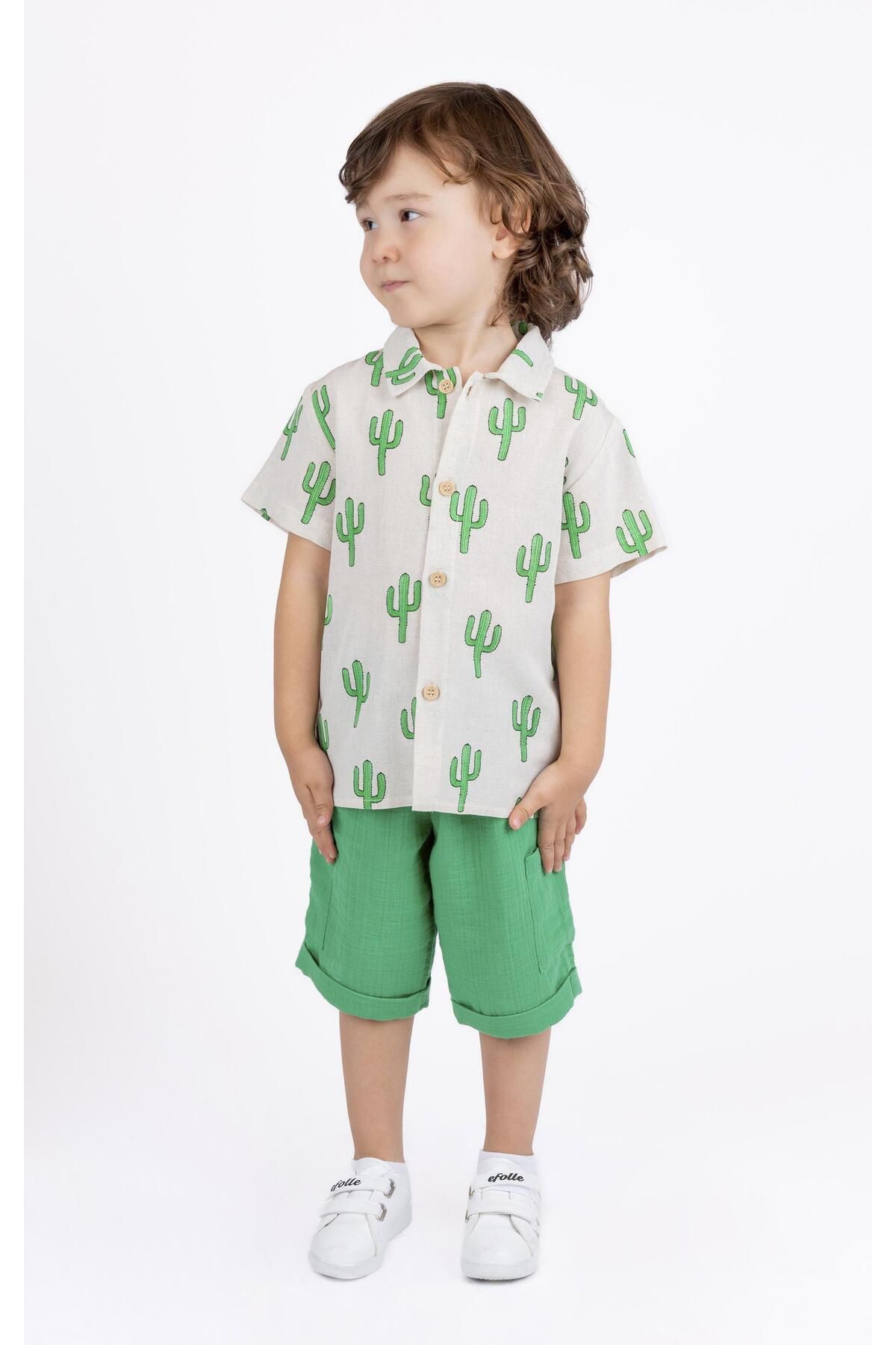 best kids Erkek Çocuk Bej-yeşil Baskılı Gömlek