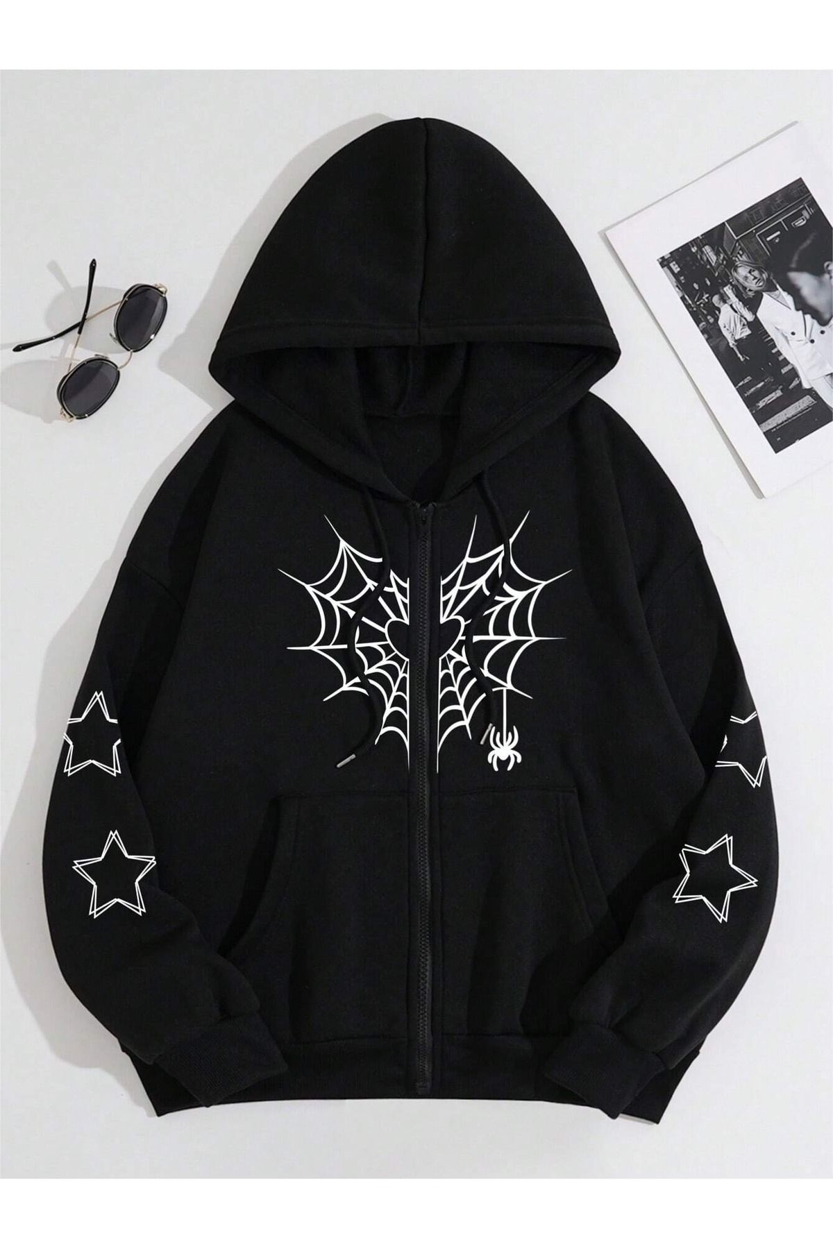 Josette Yıldız Örümcek Ağ Sweatshirt Fermuarlı Hırka - Siyah Baskılı Oversize Cepli Kışlık Kapüşonlu