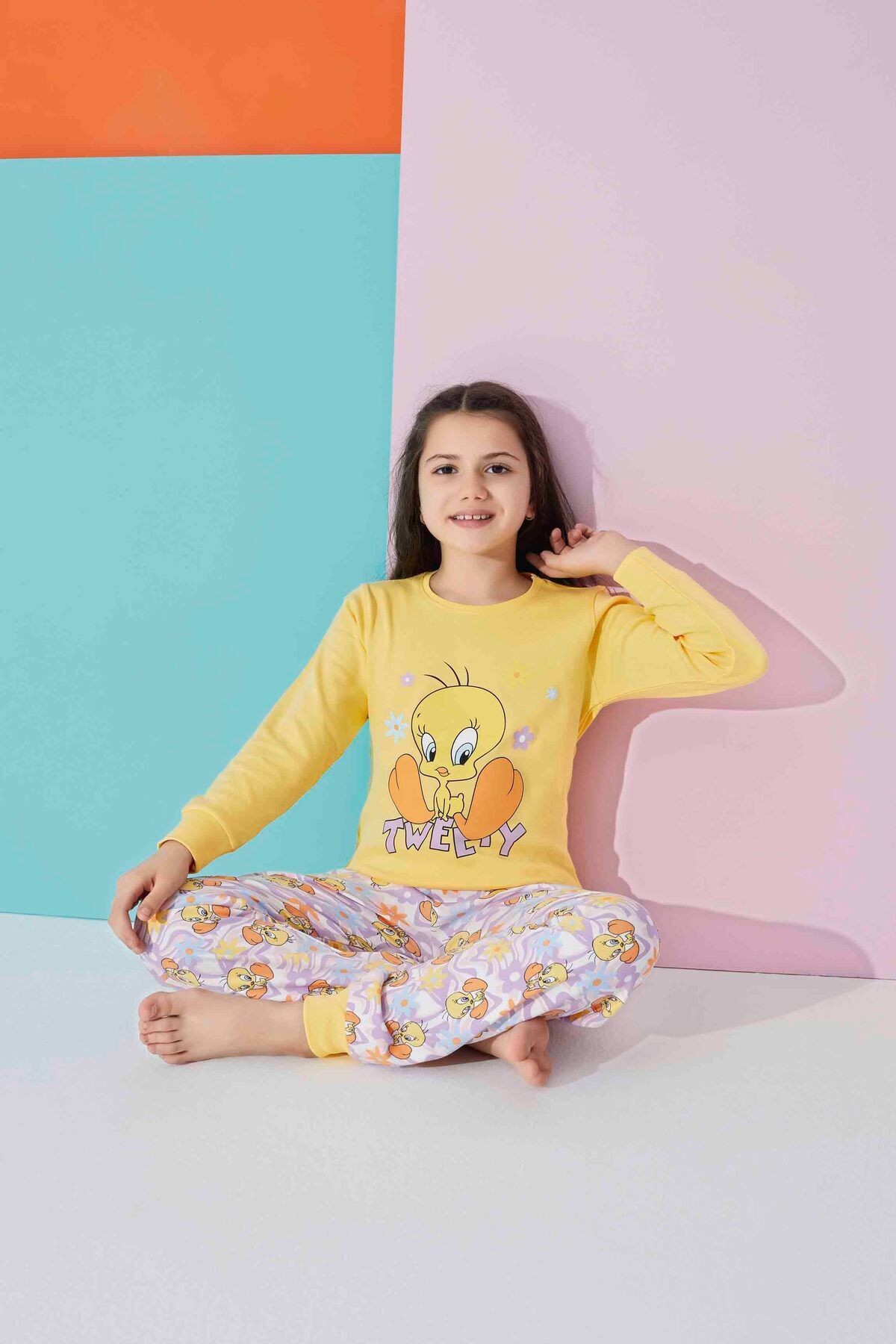 Meba Kız Çocuk Garson Boy Uzun Kollu Mevsimlik İnterlok Tweety Pijama Takımı