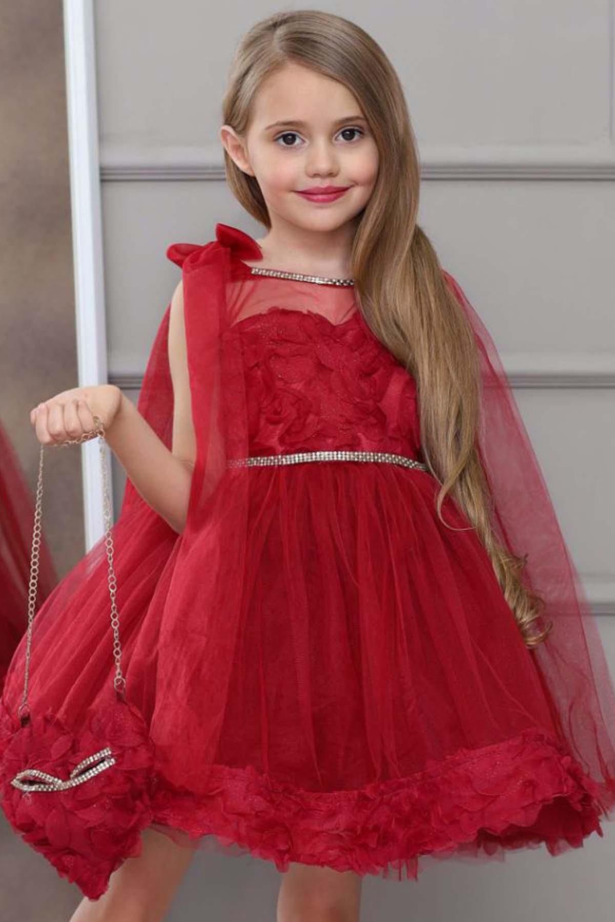 Riccotarz Kız Çocuk Yakası Transparan Detaylı 3D Çiçek İşlemeli Bordo Elbise