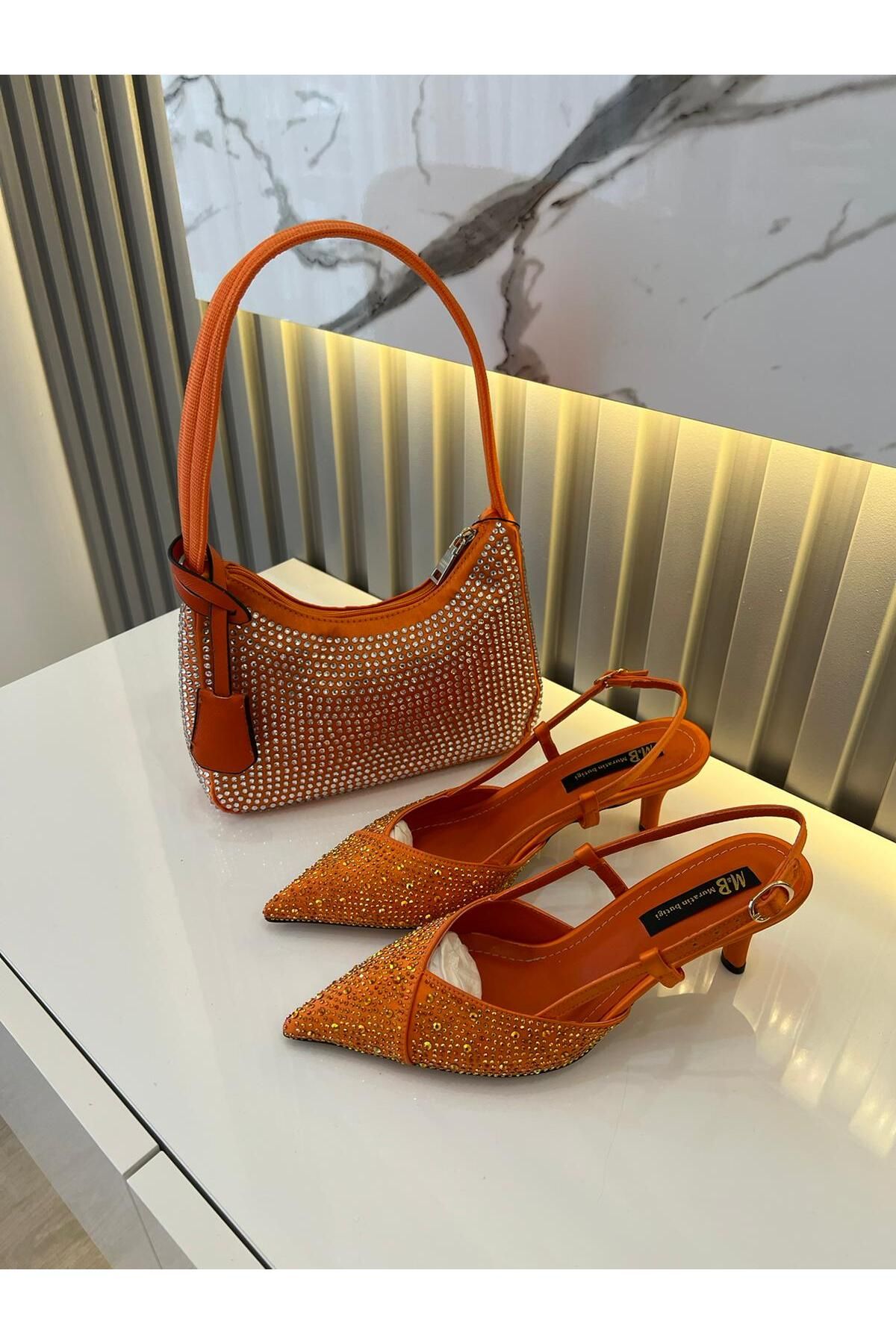 M&B Kadın 5 cm taşlı topuklu ayakkabı & çanta set