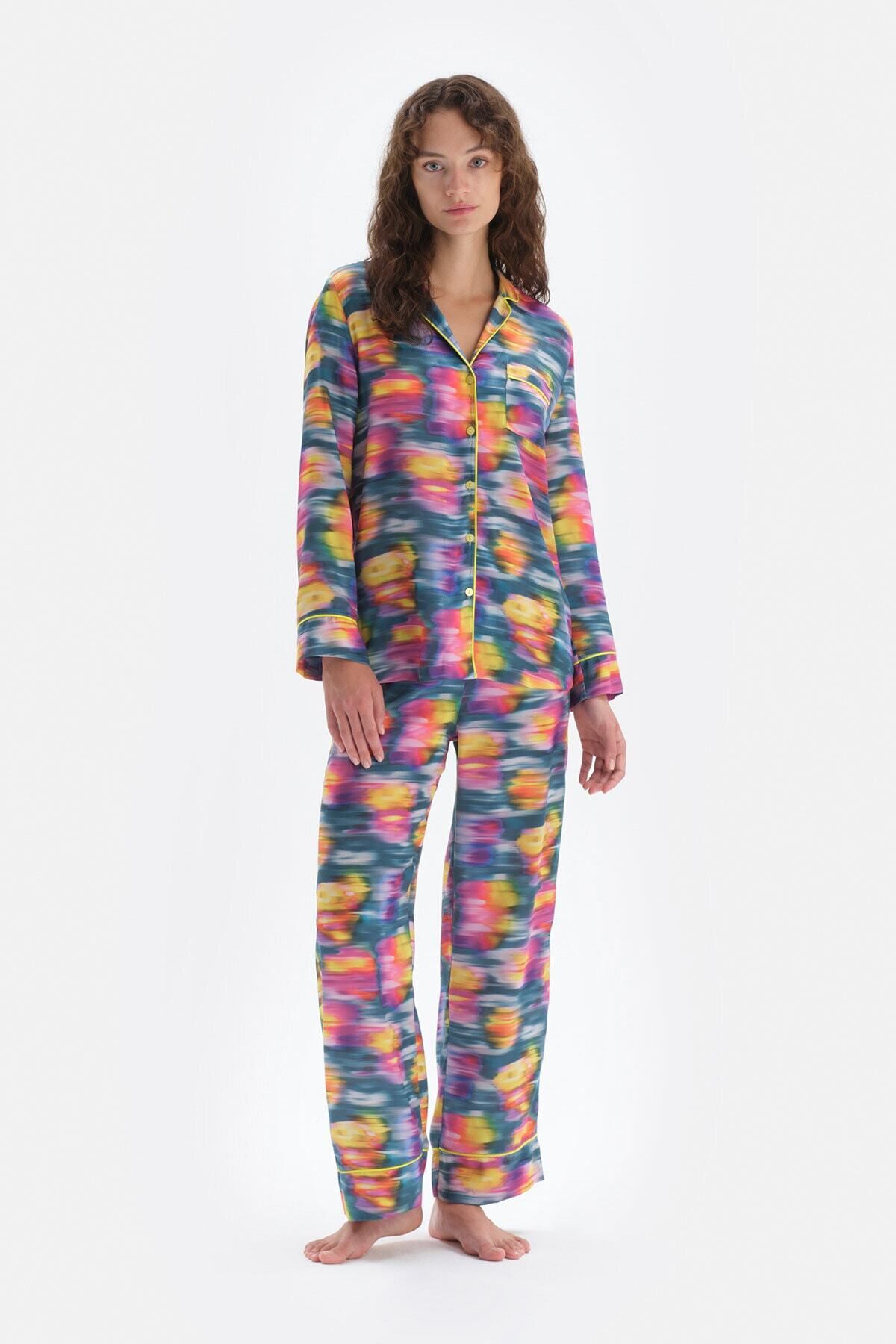 Dagi Multicolor Gömlek Yaka Metraj Baskılı Saten Pijama Takımı