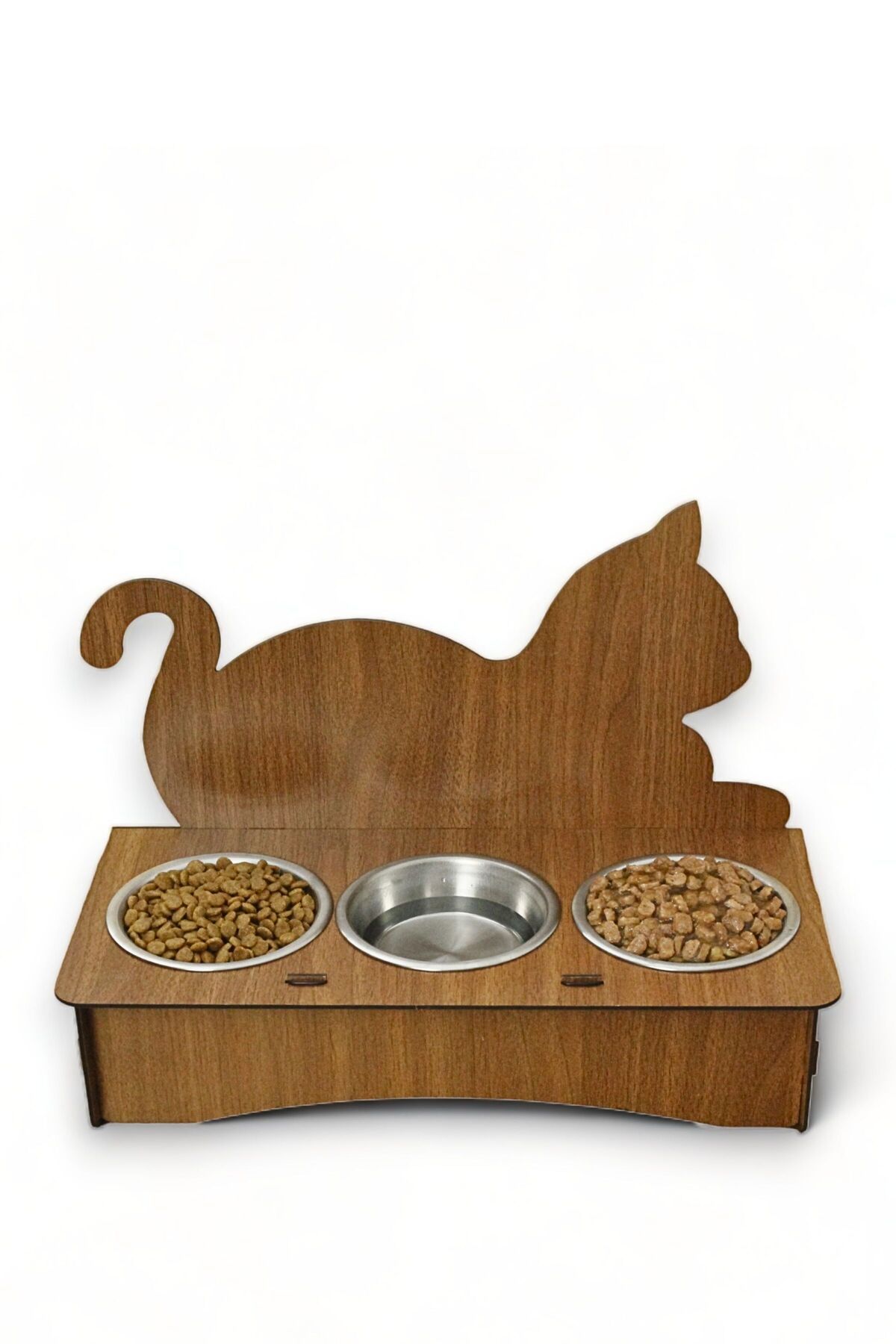 Evene Kedi Mama Kabı Kedi Su Kabı Kedi Mama ve Su Kabı Kedi Yemek Kabı 3 Çelik Kase Model 4 Ceviz