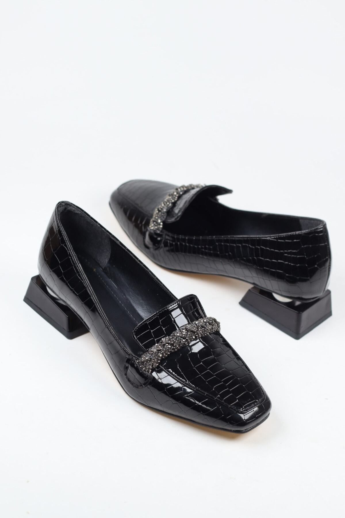 NiceDiffer Topuklu Siyah Kroko Rugan Kadın Babet Ayakkabı