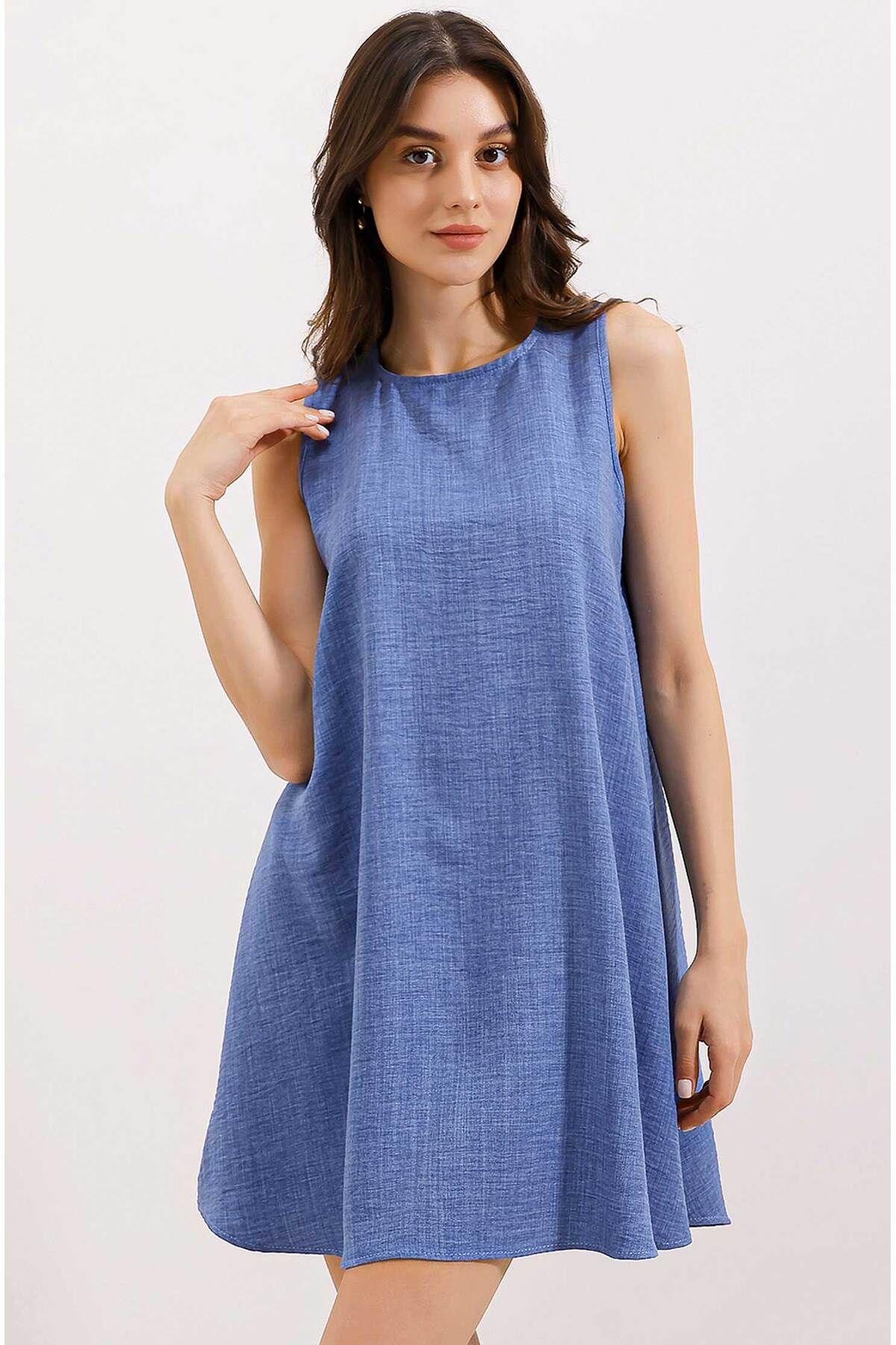 Bigdart 2444 Detaylı Mini Keten Elbise - Mavi