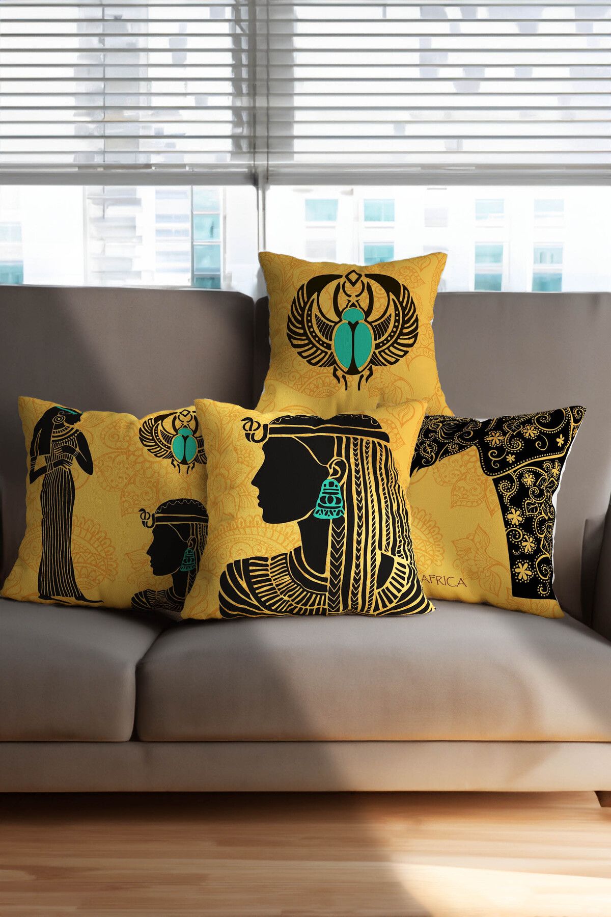 Hayal Dekoratif Sarı Zemin Afrika Temalı Fil ve Kadın Desenli Dijital Baskılı 4lü Kırlent Yastık Kılıfı Seti