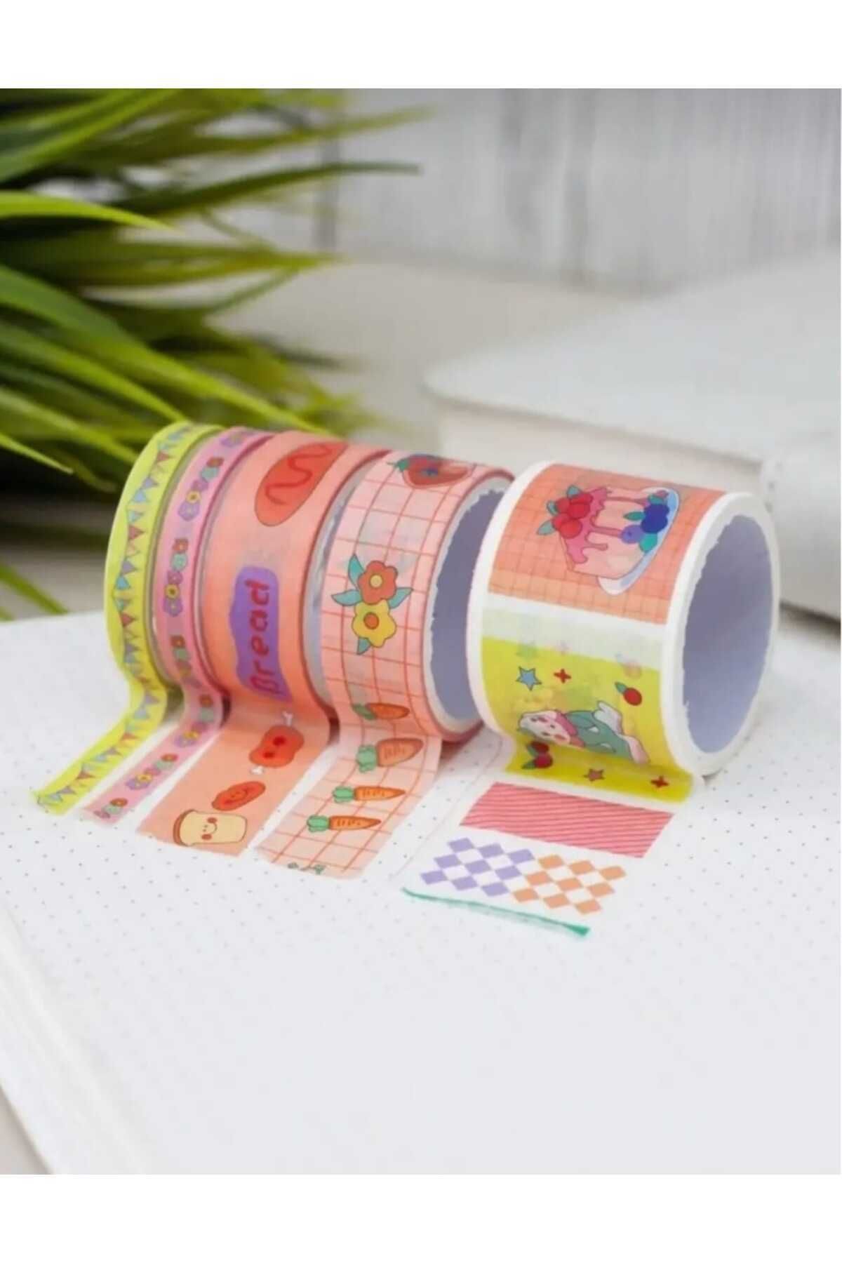 Rota Hediyelik Tatlı Dükkanı Desenli Dekoratif Bant 5'li Washi Tape Bant Sticker Bullet Journal Defter Süsleme