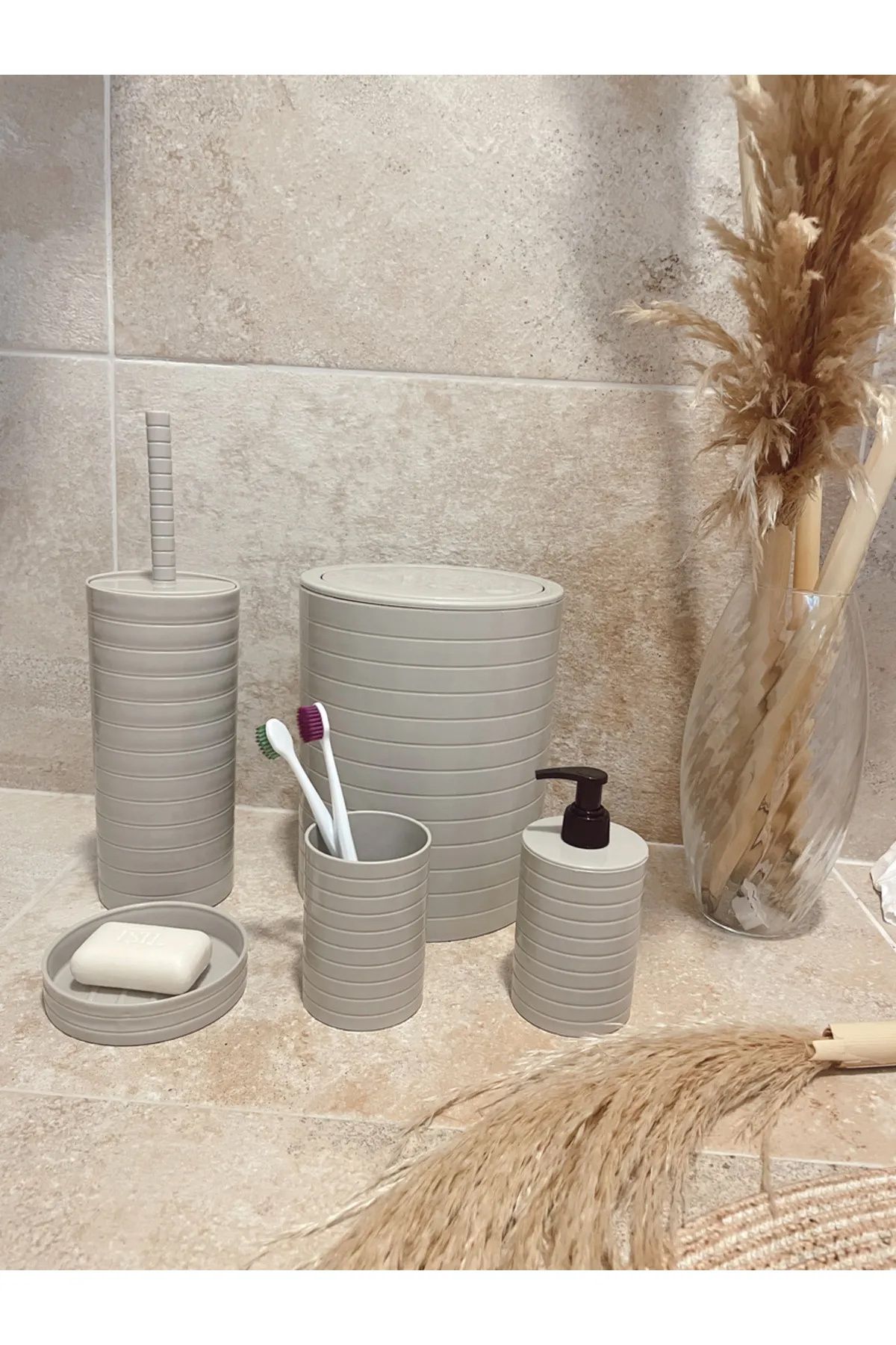 Royaleks Banyo Seti 5'li Krem Çöp Kovası Wc Fırçalık Sıvı Sabunluk Katı Sabunluk