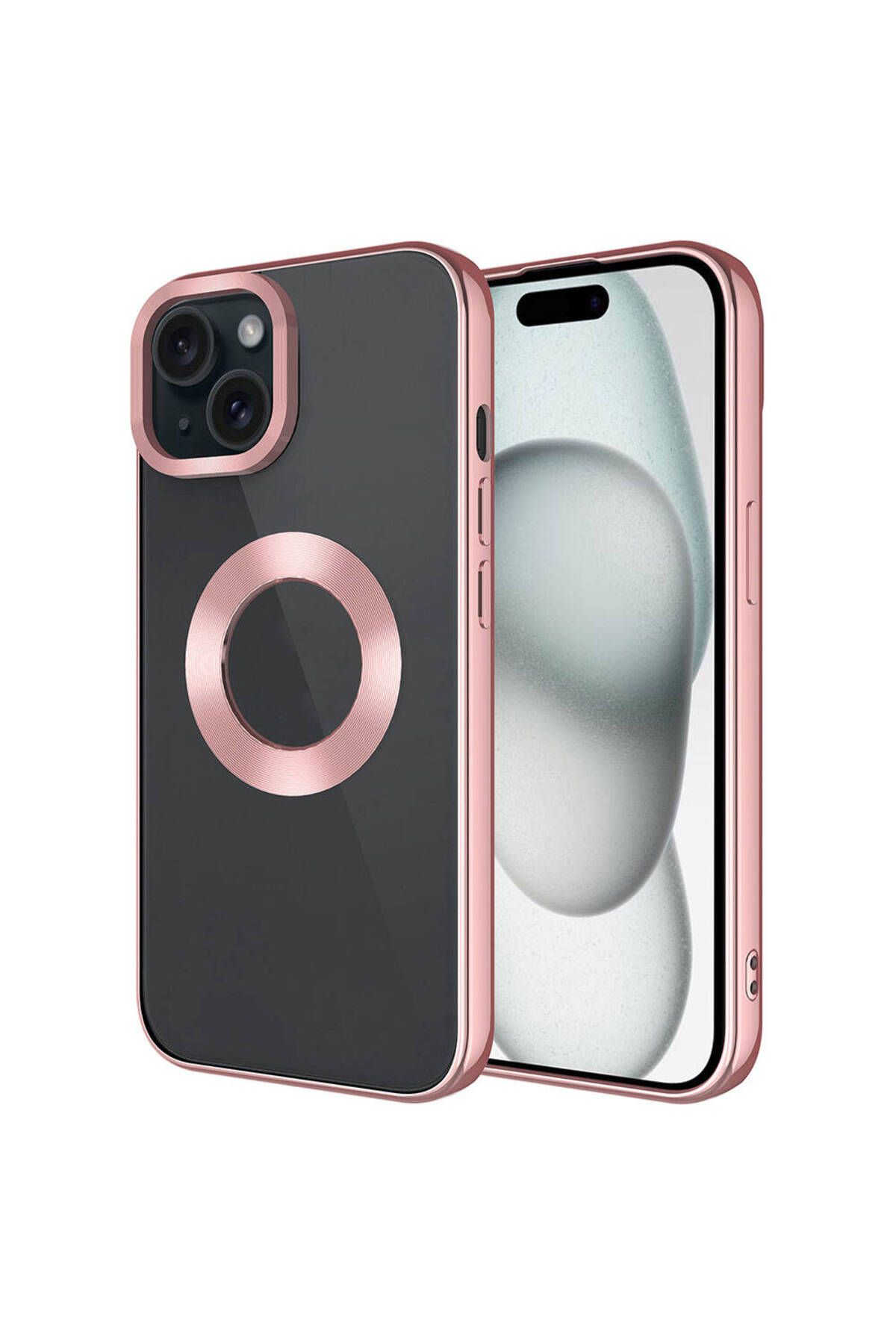 Fibaks Apple iPhone 15 Plus Kılıf Kamera Çıkıntılı Şeffaf Parlak Renkli Logo Gösteren Parlak Kapak