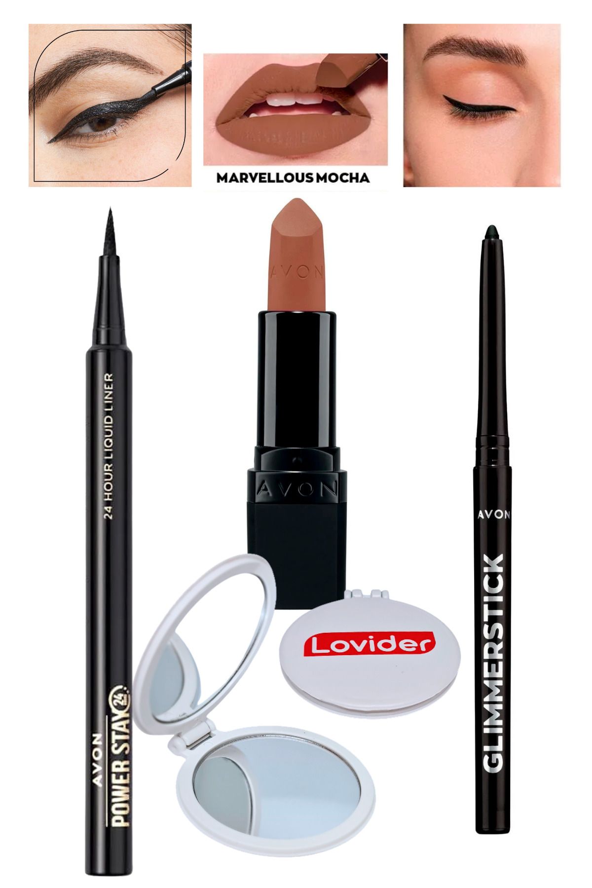 Avon Power Stay Likit Eyeliner Siyah + Mat Ruj Marvellous Mocha + Göz Kalemi Siyah + Lovider Cep Aynası
