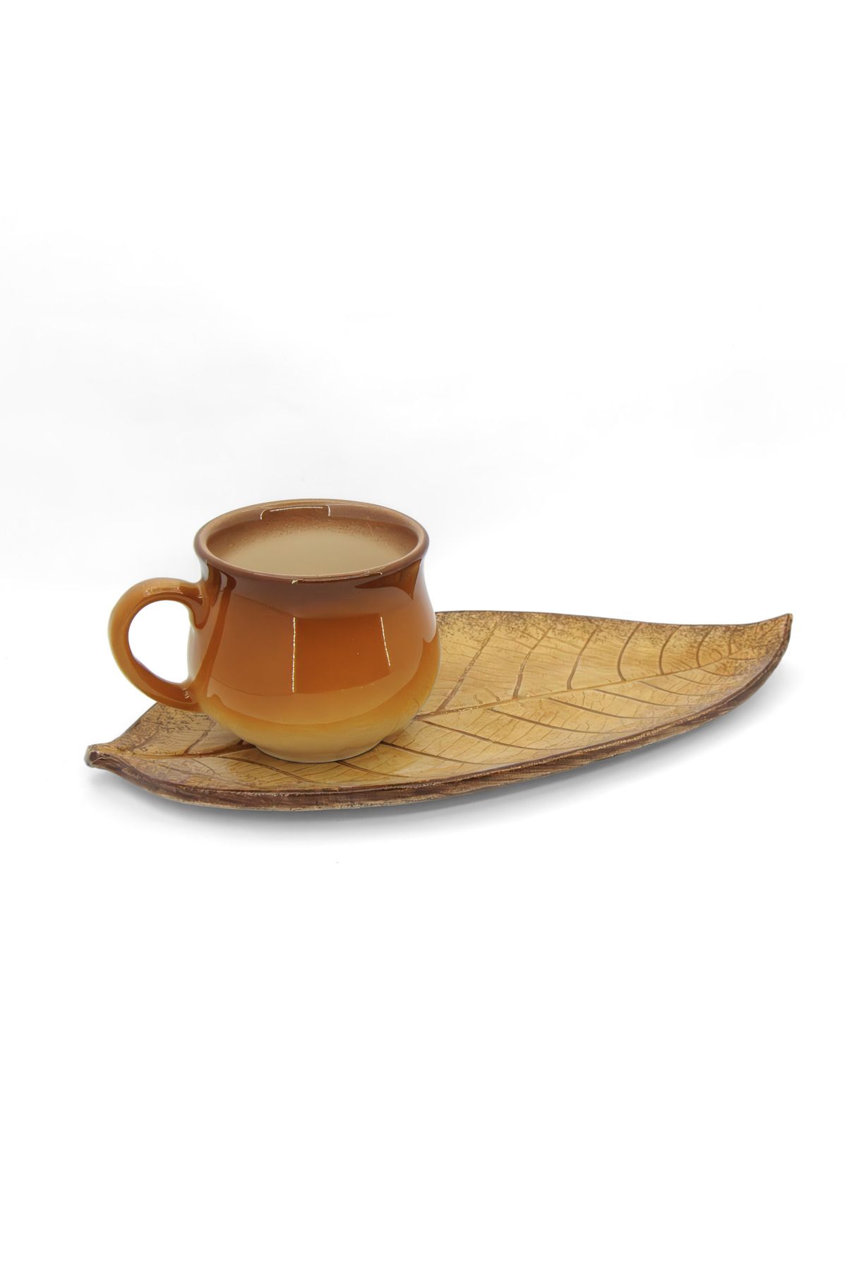 Loomart Dekoratif Düz Yaprak Tasarımlı El Yapımı Seramik Tek Kişilik Kahve Fincanı Seti - Kahverengi