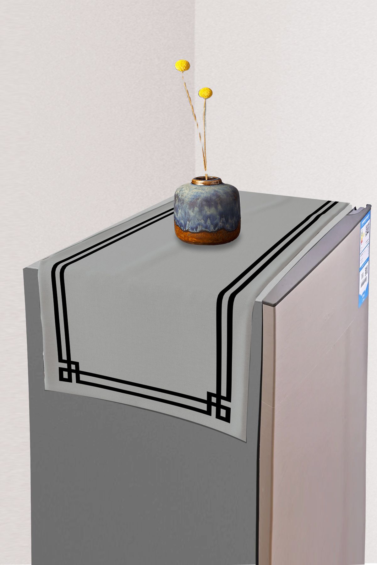 Else Halı Gri Siyah Bordür Desenli Derin Dondurucu Buzdolabı Örtüsü 40x140cm