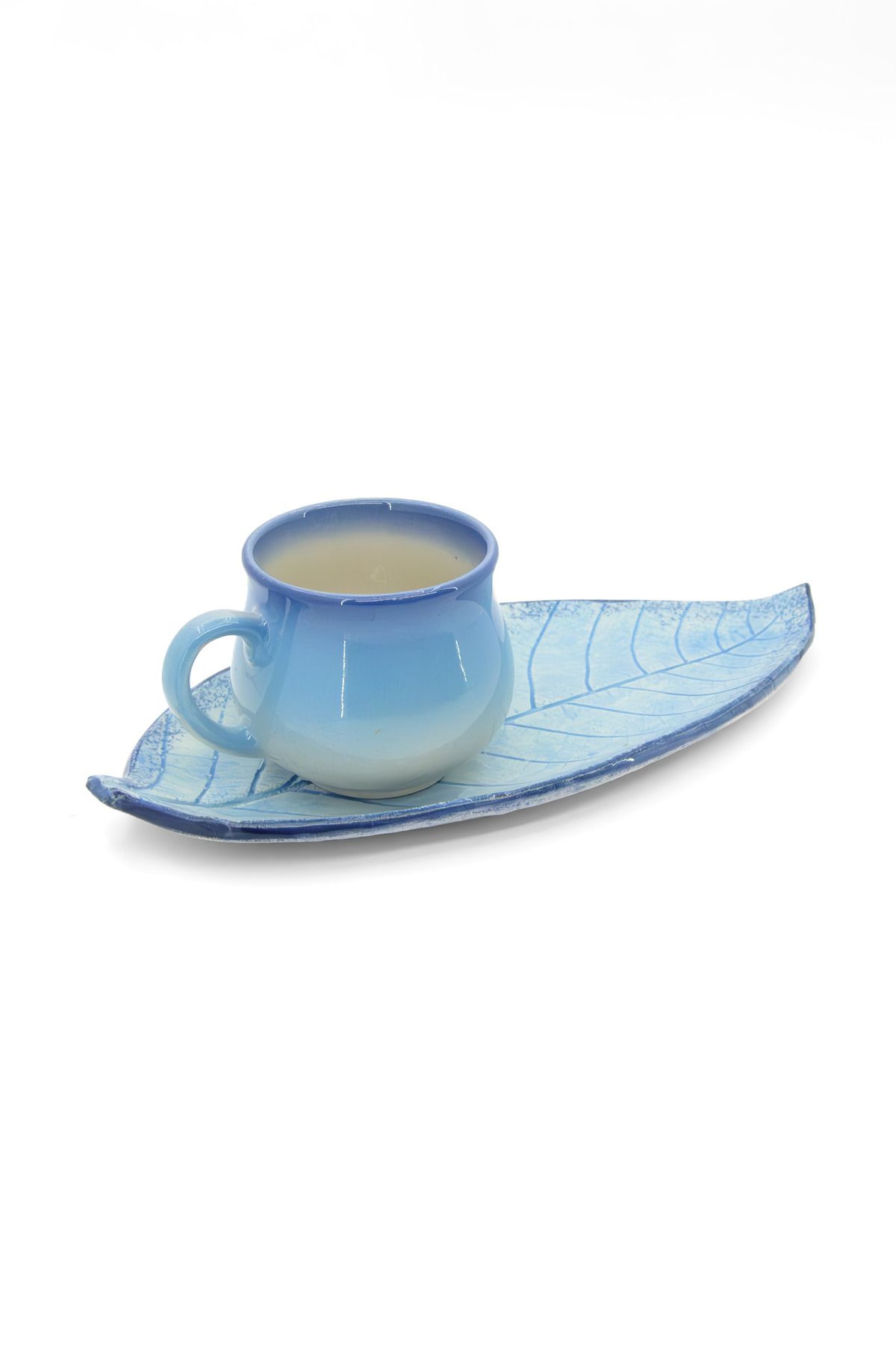 Loomart Dekoratif Düz Yaprak Tasarımlı El Yapımı Seramik Tek Kişilik Kahve Fincanı Seti - Mavi