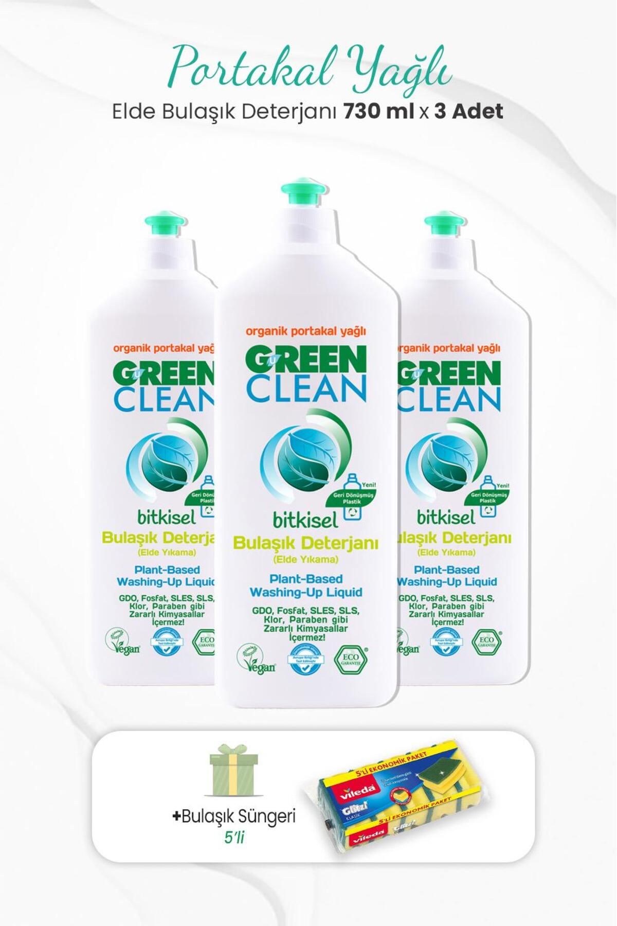 Green Clean 3'lü Elde Bulaşık Deterjanı Portakal Yağlı 730 ml Ve Bulaşık Süngeri