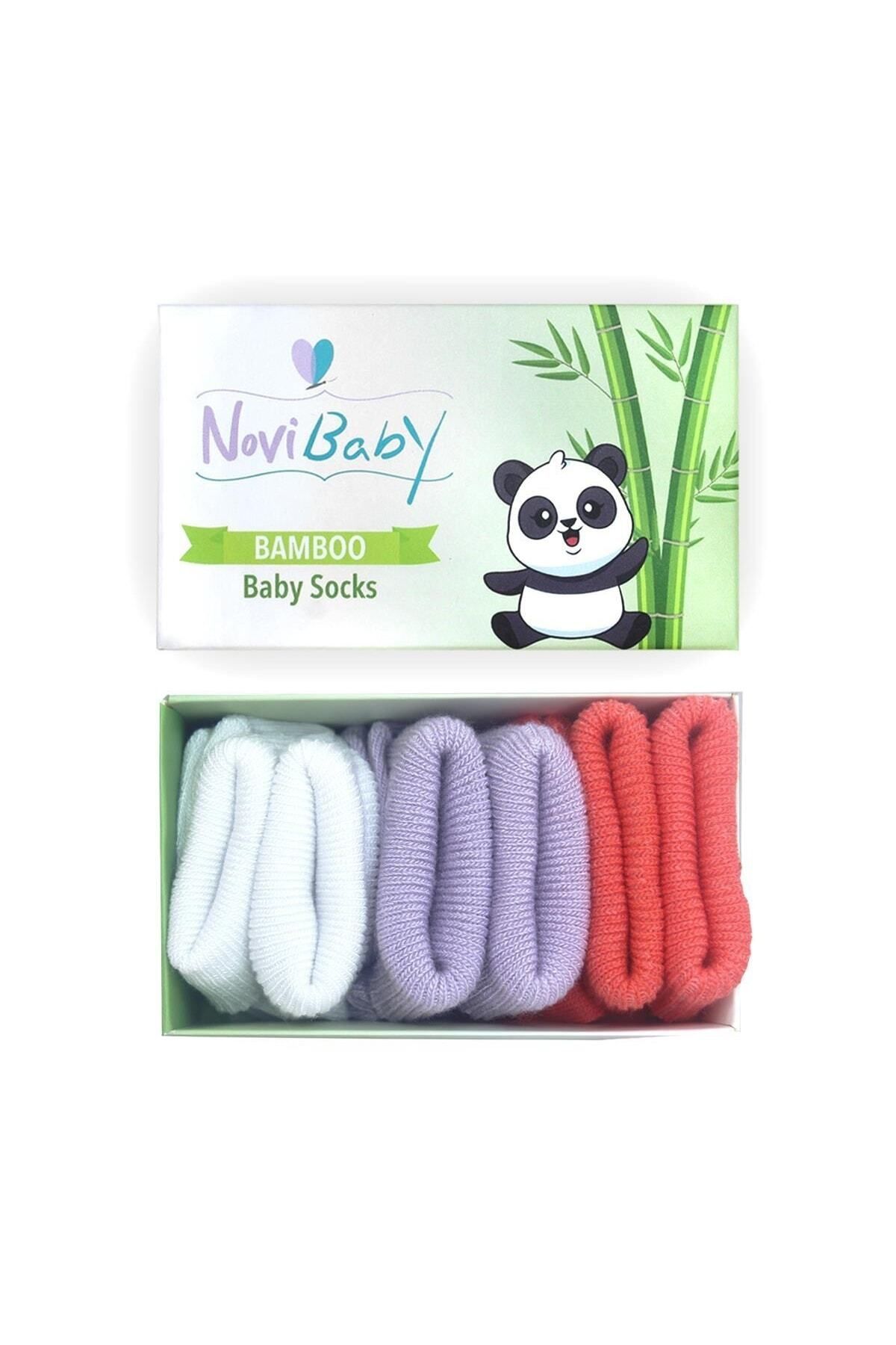 Novibaby 3'lü Bambu Yenidoğan Bebek Çorap I Purple Orange I Kız Erkek Bebek Çorabı