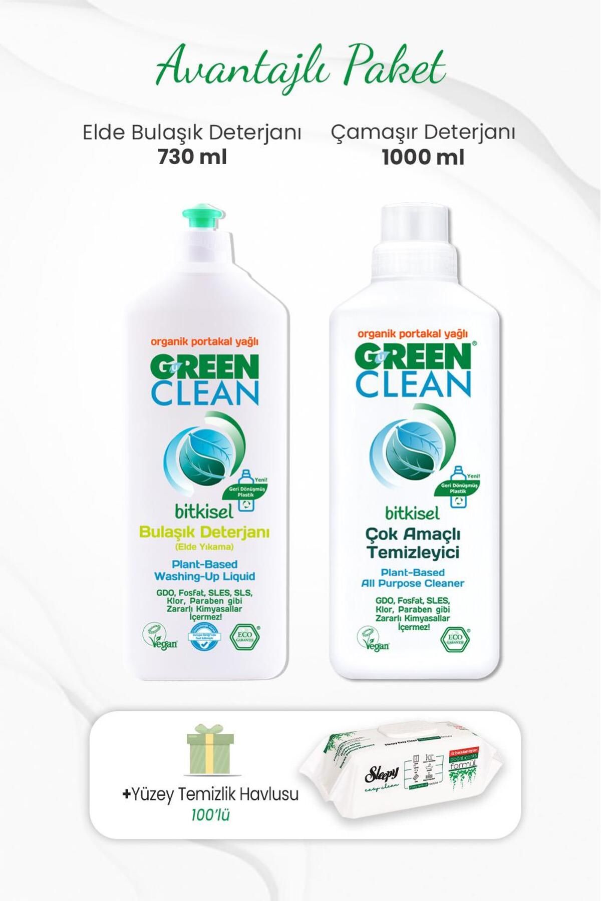 Green Clean Çamaşır Deterjanı 1000 Ml, Elde Bulaşık Deterjanı 730 ml Ve Temizlik Havlusu 100'lü