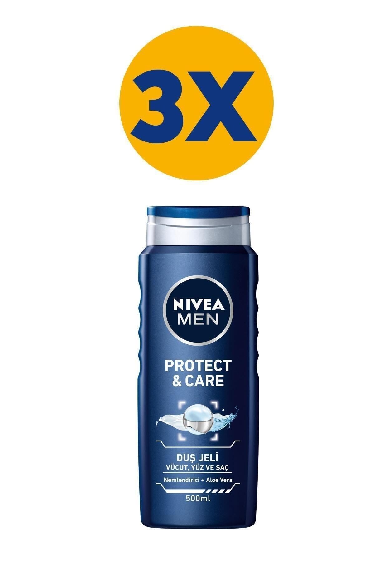 NIVEA MEN Erkek Duş Jeli Protect&care 500 ml,3X, Vücut,Yüz ve Saç, Nemlendirici&Aloe Vera