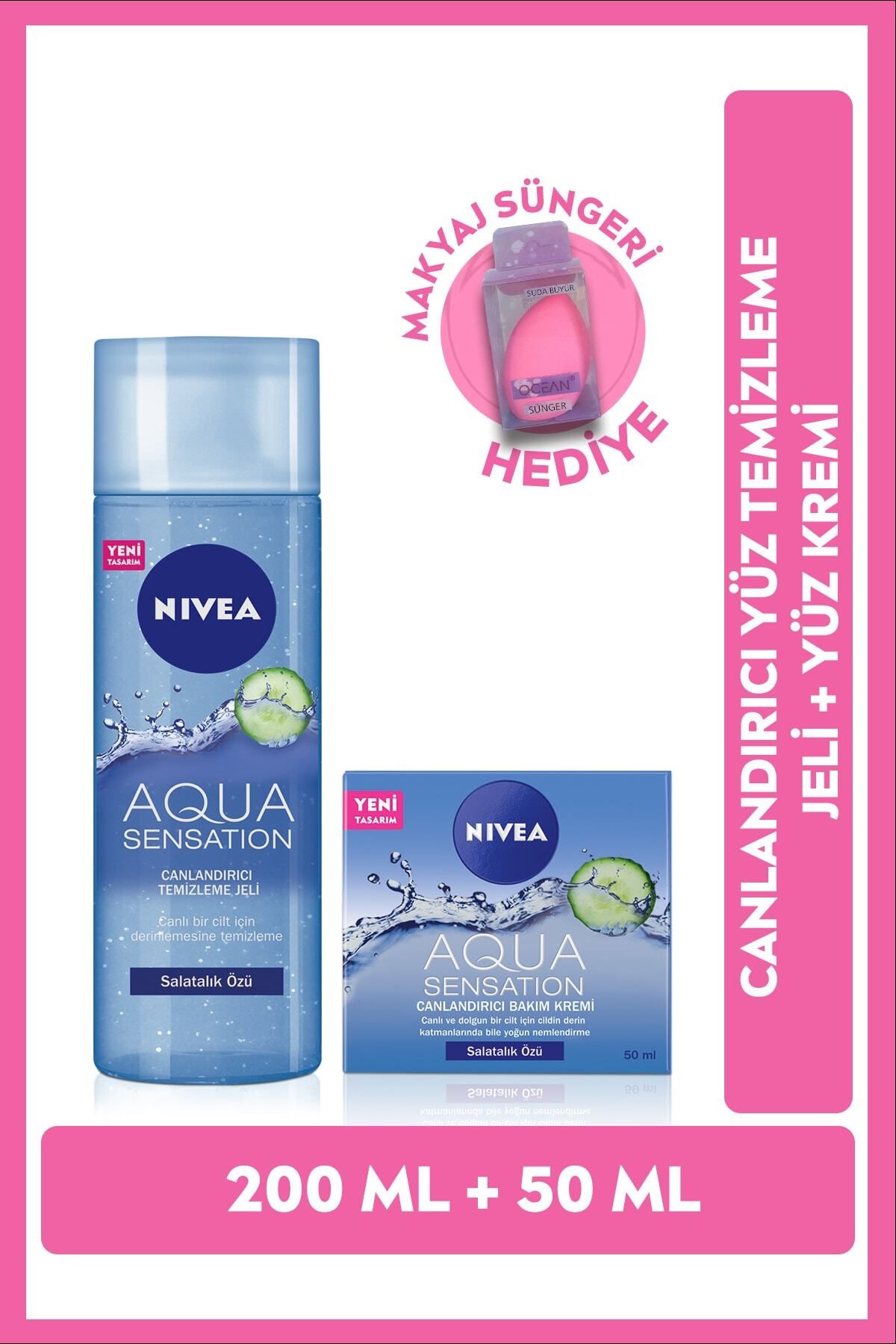 NIVEA Yüz Kremi Ve Canlandırıcı Yüz Temizleme Jeli Aqua Sensation 200 Ml,makyaj Süngeri Hediye