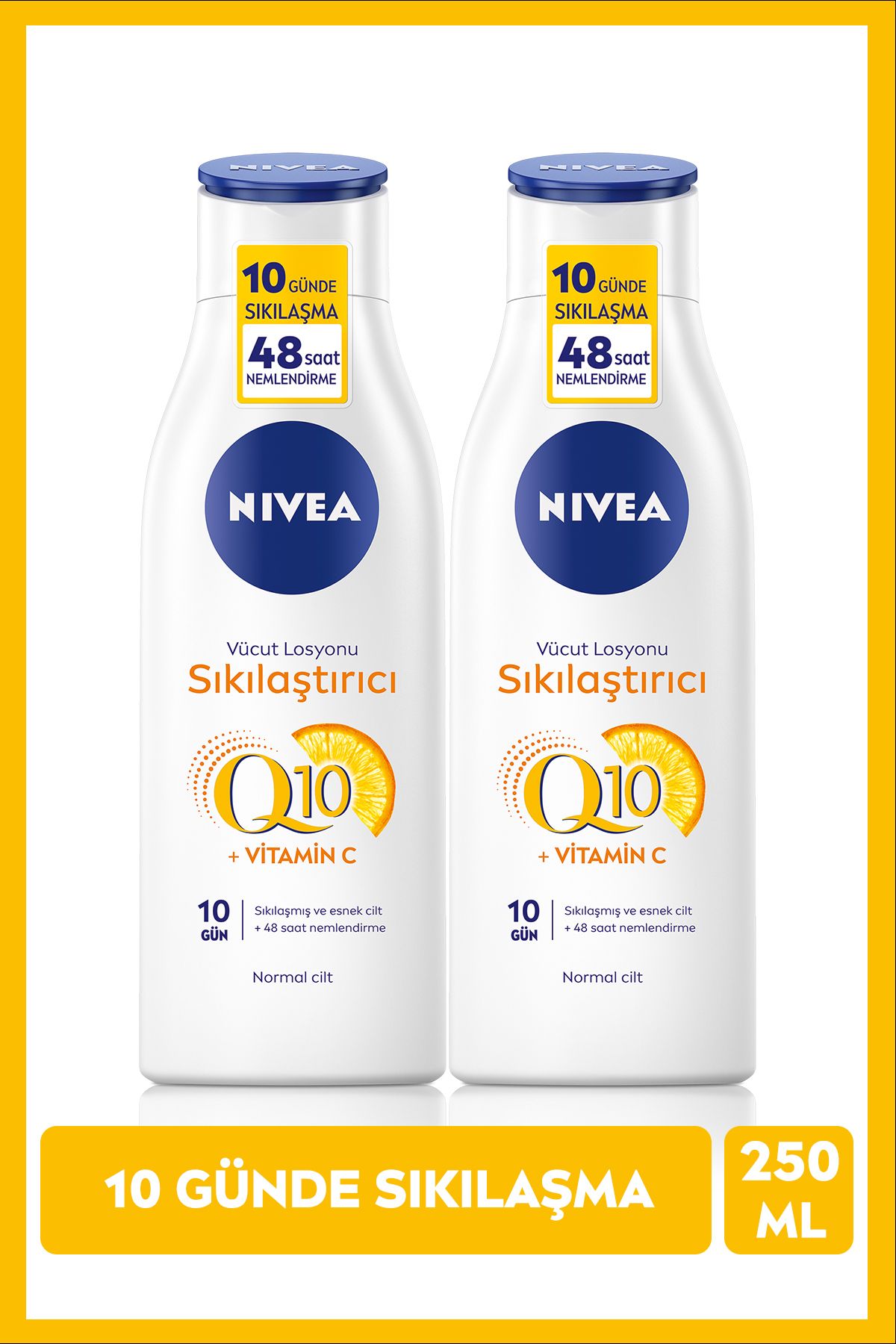 NIVEA Q10 Sıkılaştırıcı ve C Vitaminli Vücut Losyonu 250 ml, 48 Saat Nemlendirici, X2 Adet