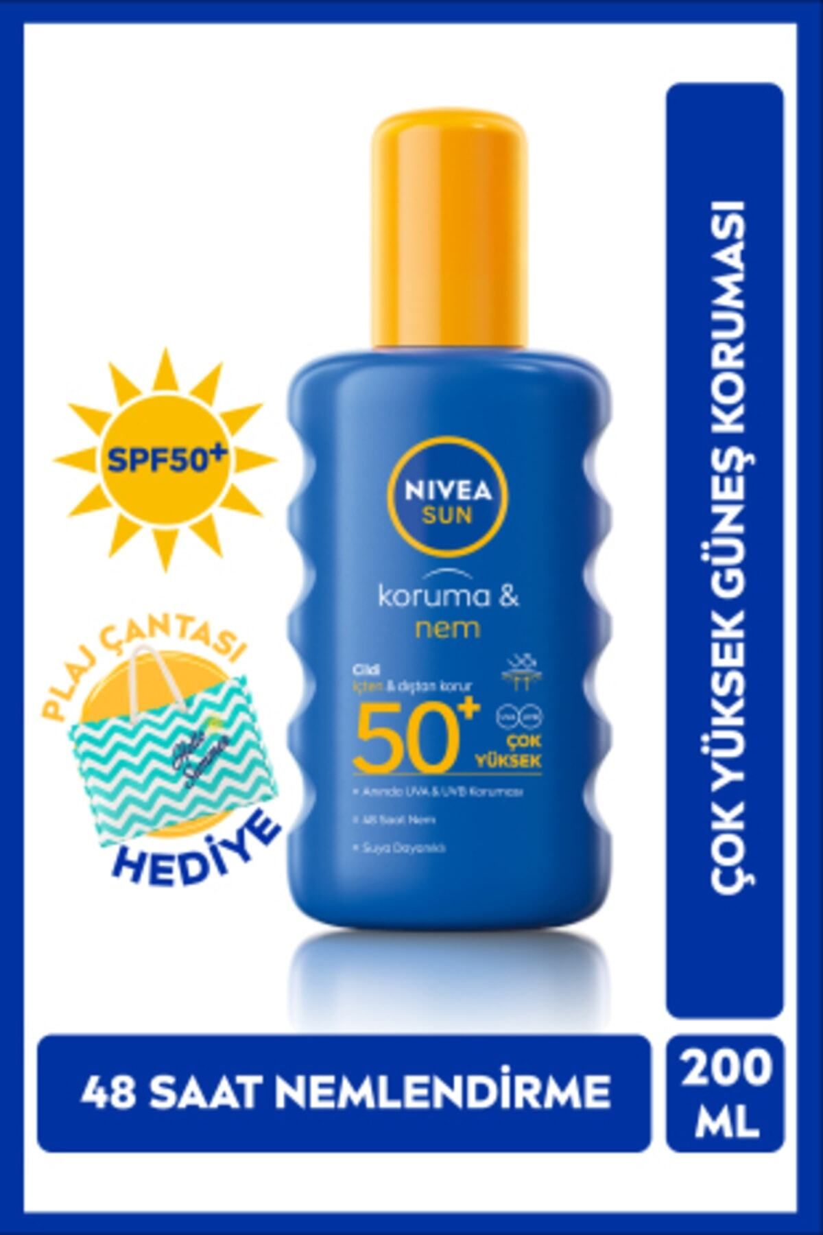 NIVEA Sun SPF 50+ Koruma & 48 Saat Nemlendirme Güneş Kremi 200 ml Sprey,Plaj Çantası Hediye