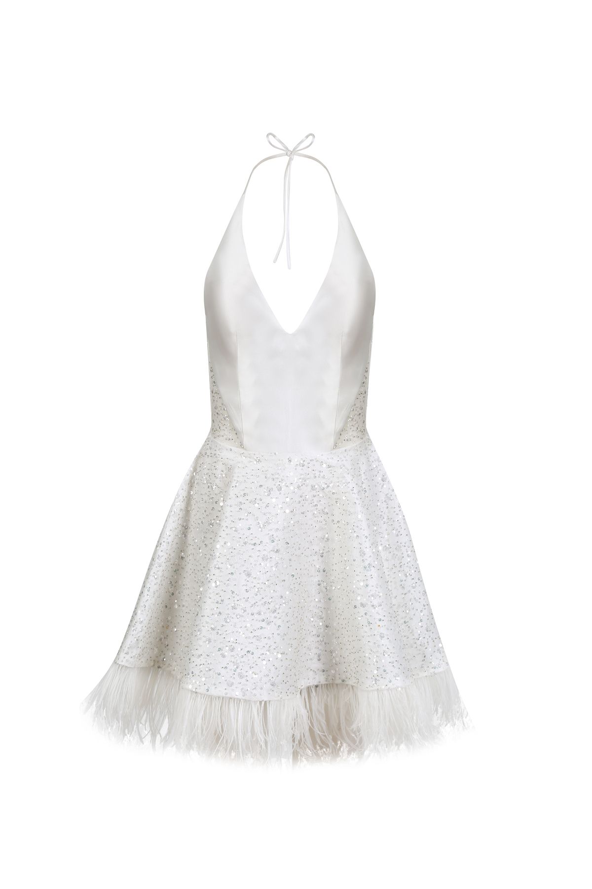 Rheme And Fons Özel Tasarım Couture Boyundan Bağcıklı Glop Balenli Tüylü Mini Beyaz Ev Çıkış Gelinliği Abiye Elbise