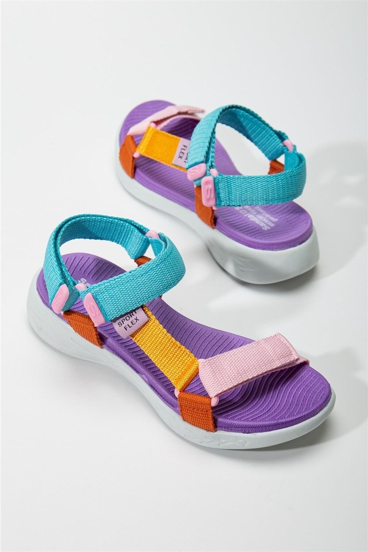 Bak Store Mor Multi Renkli Cırtlı Kadın Spor Sandalet