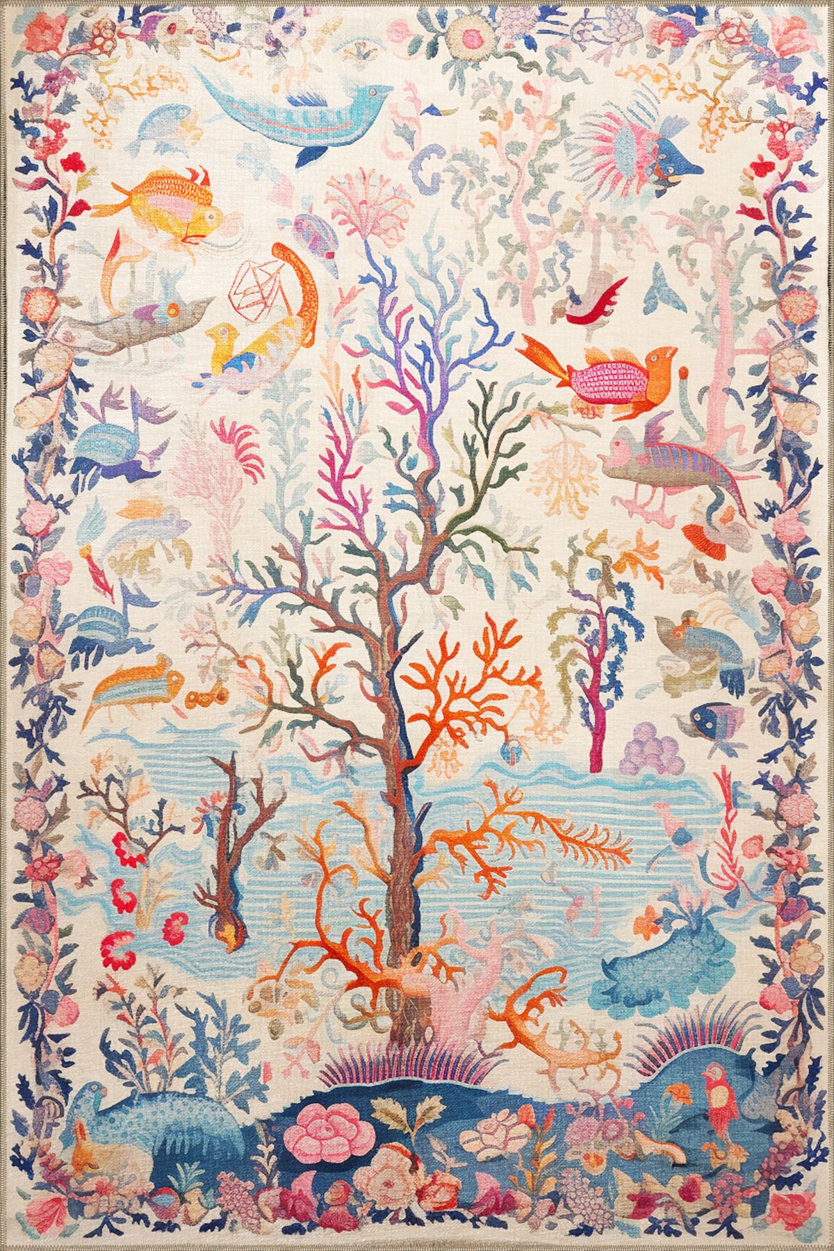Rugs Modern Halı Dido 2 Koleksiyonu Çok Renkli Soyut Ağaç Ve Kuş Desenli Saçaklı Vintage Dekoratif Halı 3256