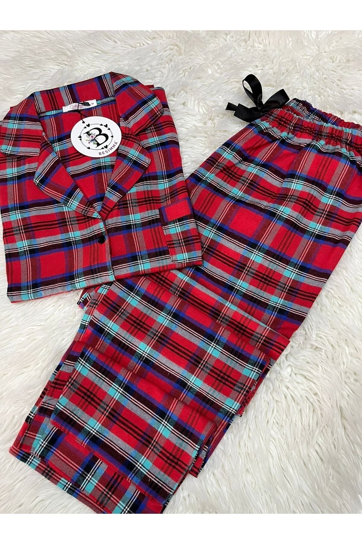 BESİMMA Kadın Uzun Kollu Kırmızı Turkuaz Ekose Flanel Pijama Takımı
