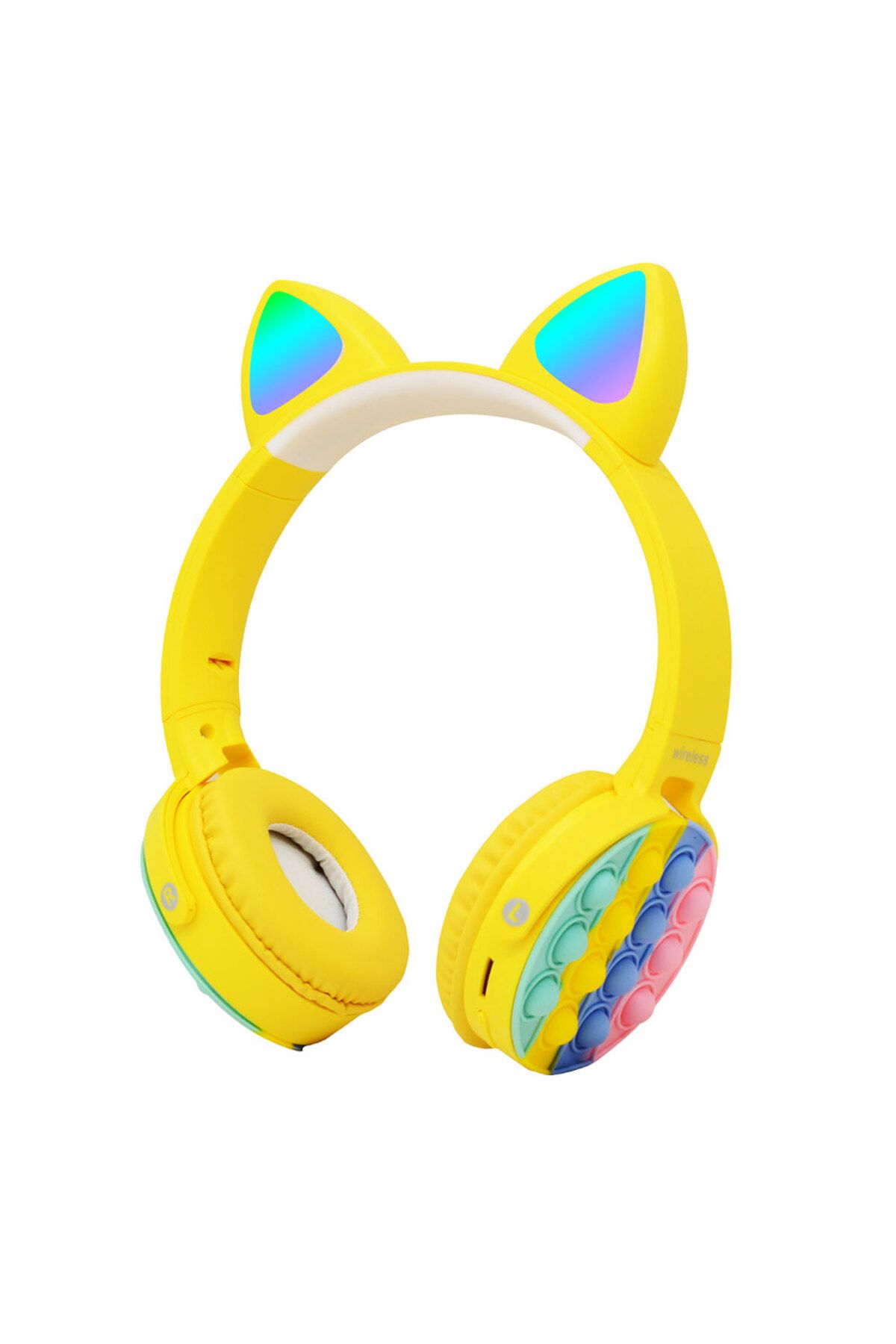 Canpay RGB LED Aydınlatmalı Kedi kulağı Tasarımlı Popit Kafa Kulak Üstü Kablosuz Bluetooth Kulaklık (SARI)
