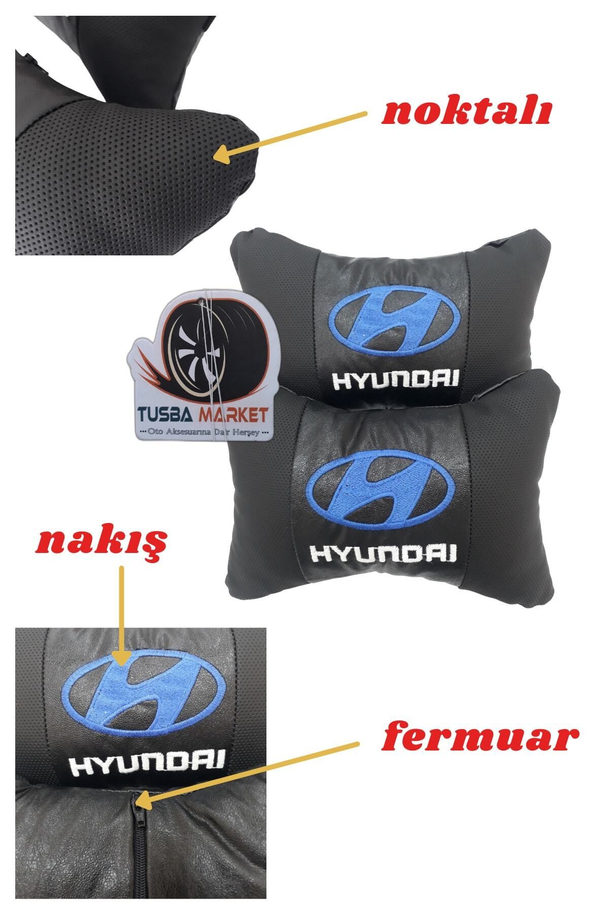 Hyundai 2'li Ortopedik & Nakışlı Lüks Araç Seyahat Deri Boyun Yastığı / Tampon Çeki Ipi