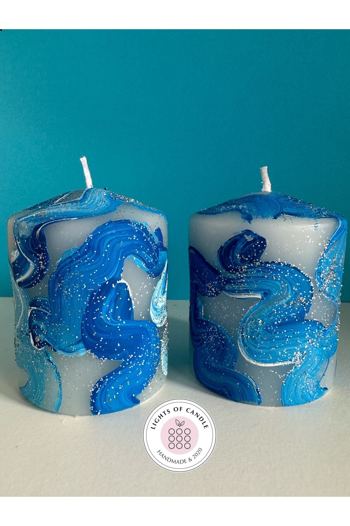 lıghts of candle handmade & 2020 Mavi Dalga Desenli El Boyaması 2’li Blok Mum