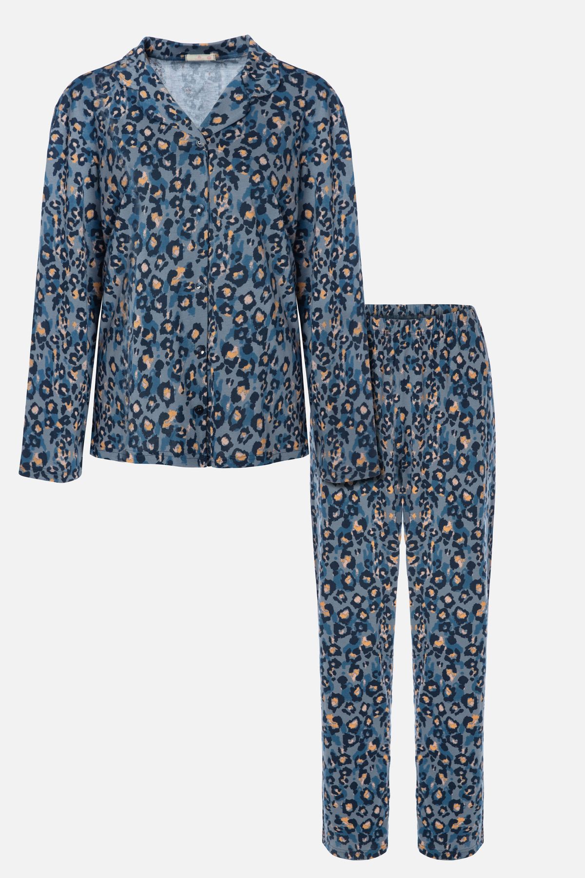koza iç giyim Kadın Mavi Leopar Desenli Düğmeli Pamuklu Gömlek Yaka Uzun Kollu pijama takımı