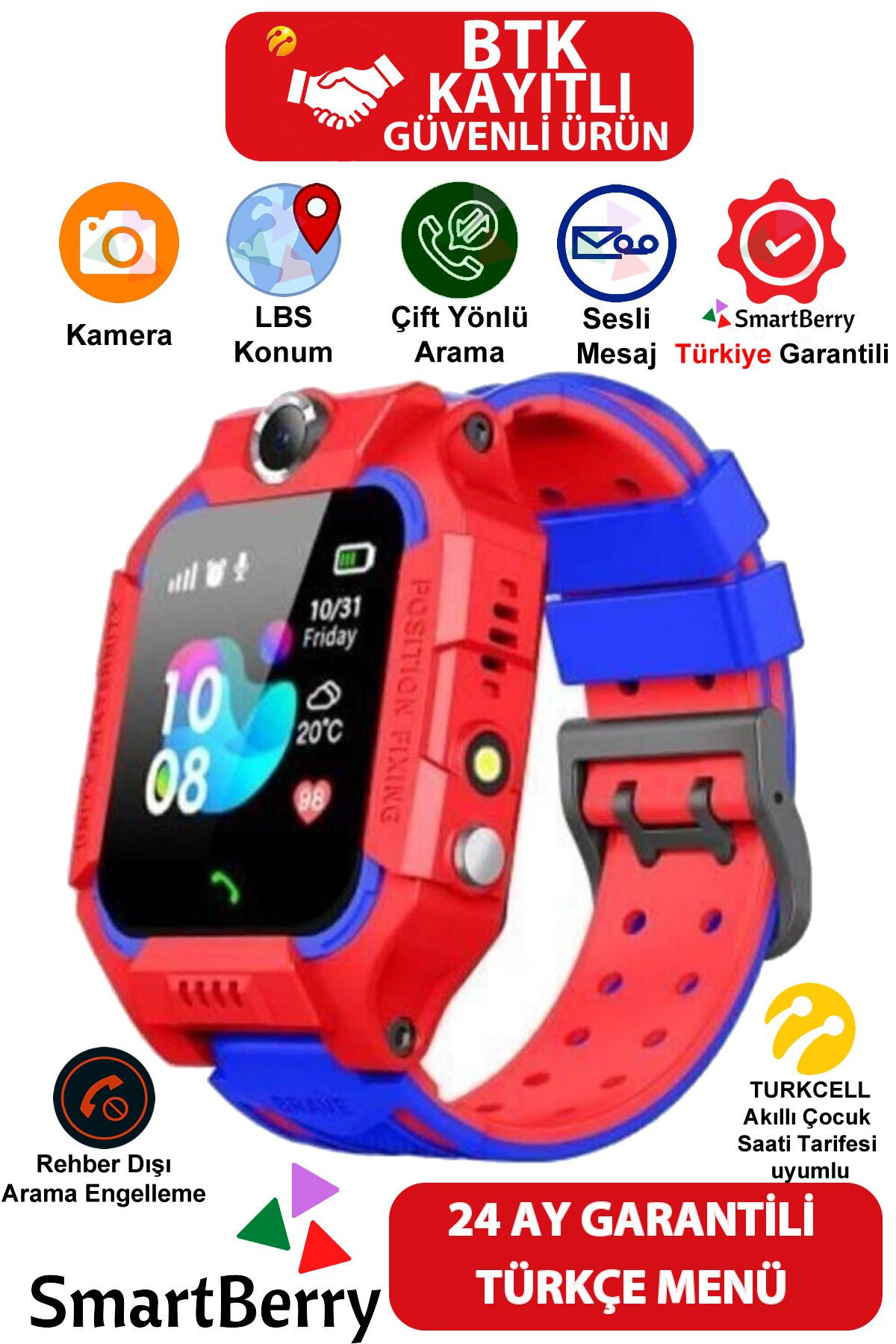 Smartberry Z2 Lbs Konumlu Akıllı Çocuk Takip Saati Sim Kartlı Arama, Kameralı, Gizli Dinleme Özellikli- Kırmızı