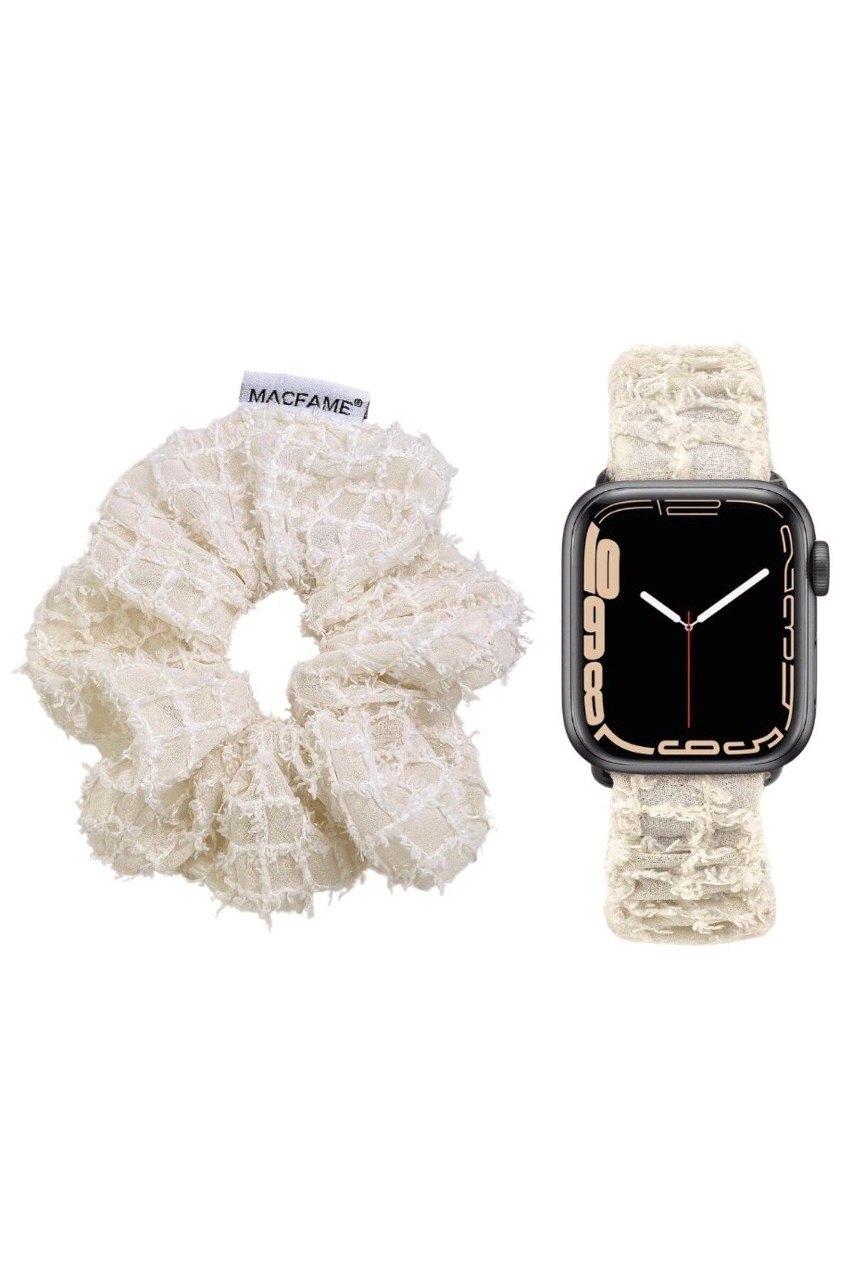 Macfame Apple Watch Uyumlu Tül Loop Kordon Beyaz - Scrunchie Tokalı Set