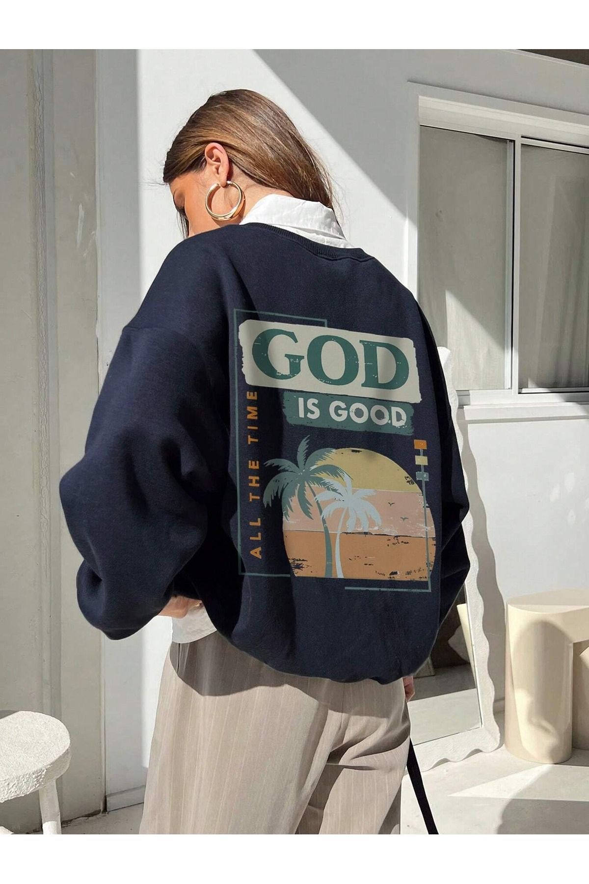DUBU BUTİK God Is Good Kışlık Kalın Sweatshirt - Lacivert Baskılı Oversize Kalın Kışlık Bisiklet Yaka