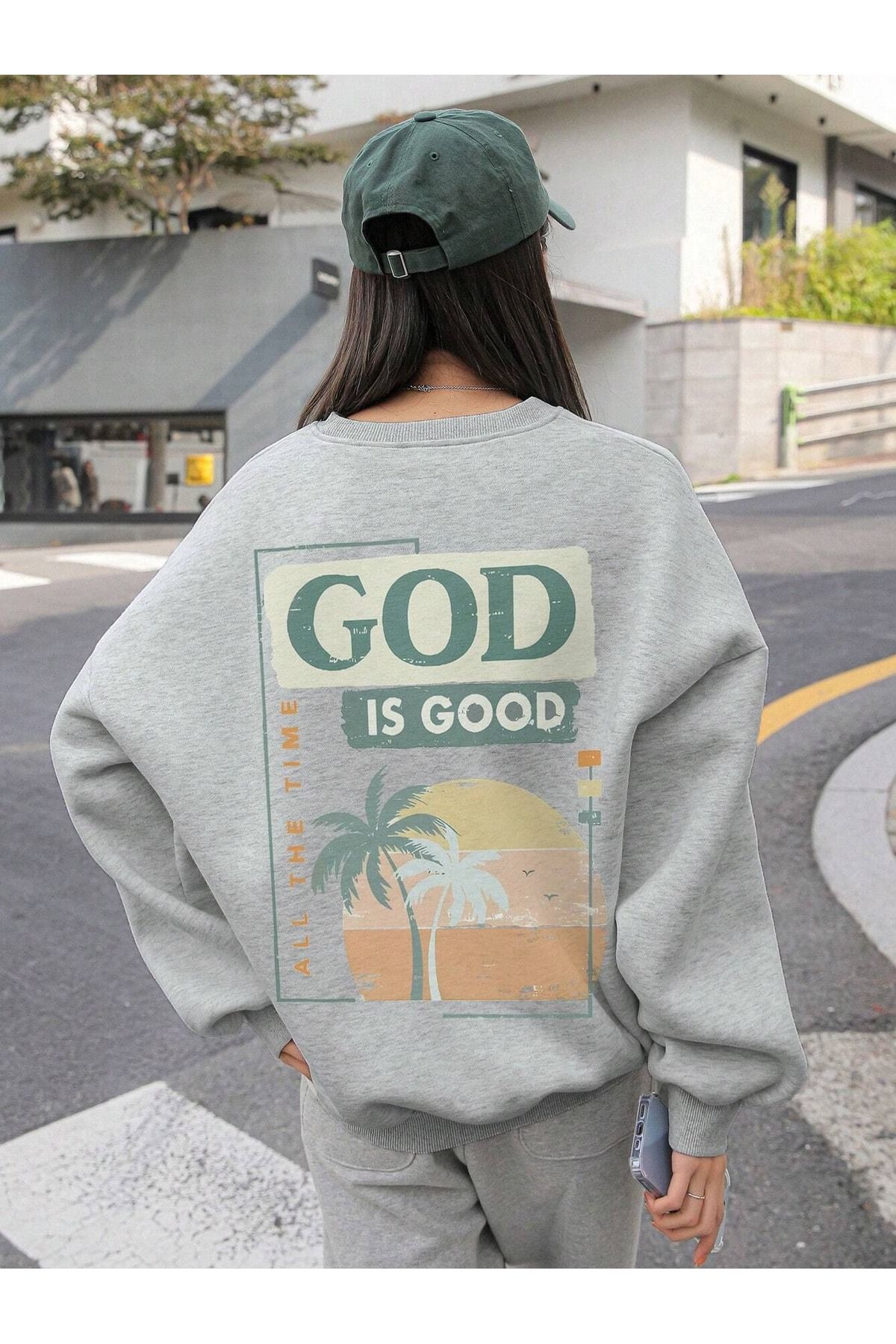 DUBU BUTİK God Is Good Kışlık Kalın Sweatshirt - Gri Baskılı Oversize Kalın Kışlık Bisiklet Yaka