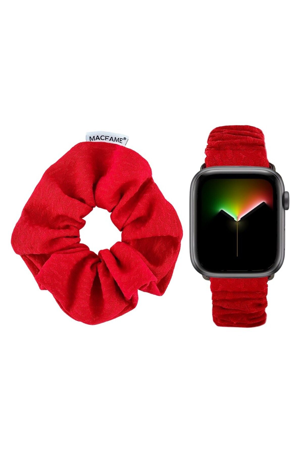 Macfame Apple Watch Uyumlu Loop Kordon Kırmızı - Scrunchie Tokalı Set