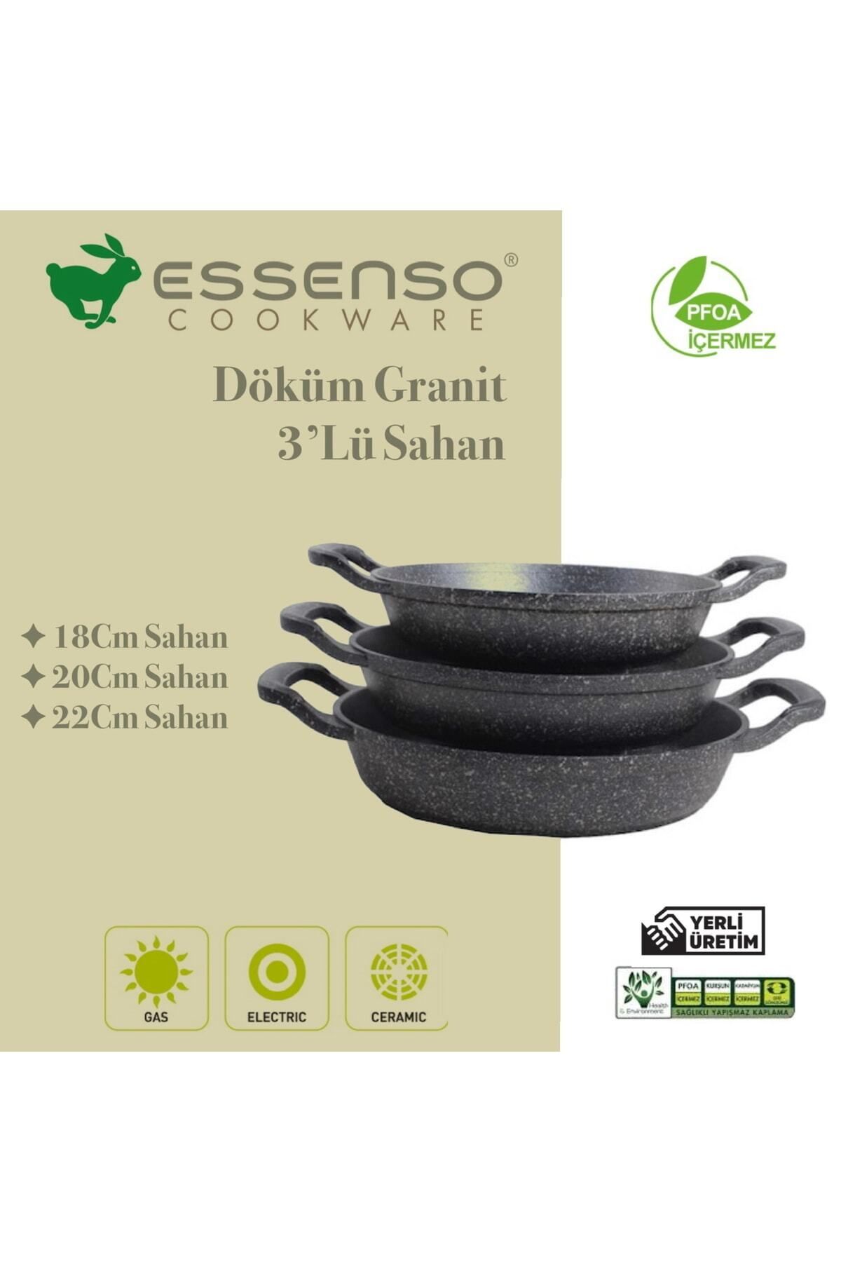 Blueeslife Essenso 3'lü Set Döküm Siyah Granit Sahan Tava 22cm-20cm-18cm